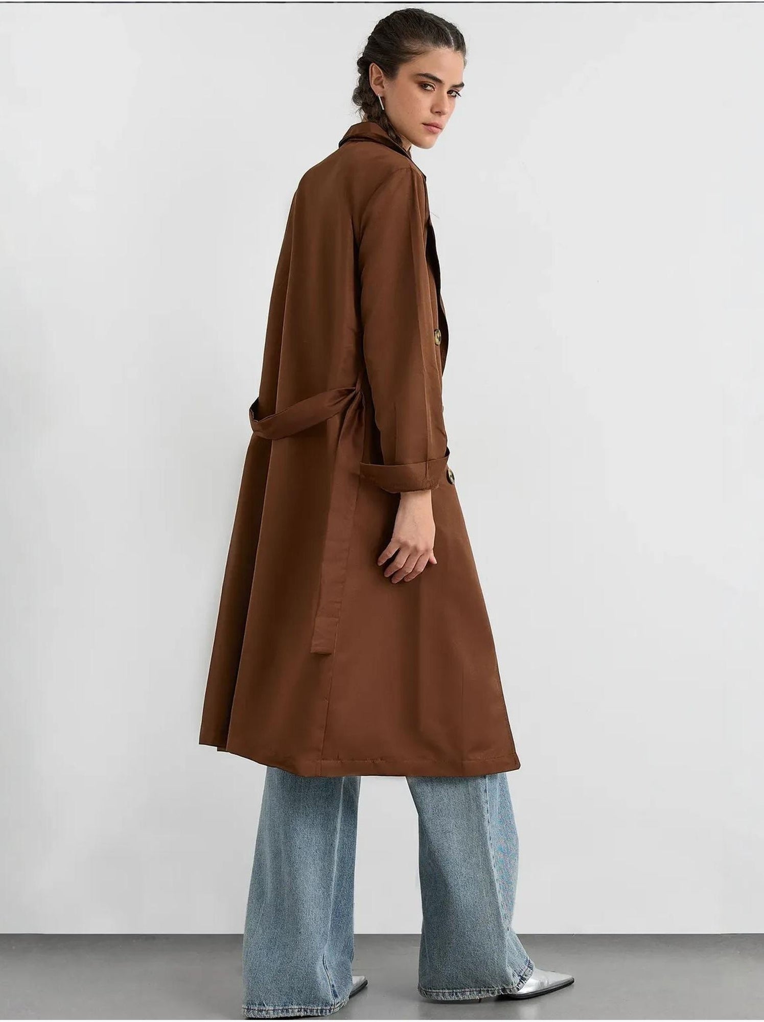 Trench-coat long croisé avec ceinture - Marron