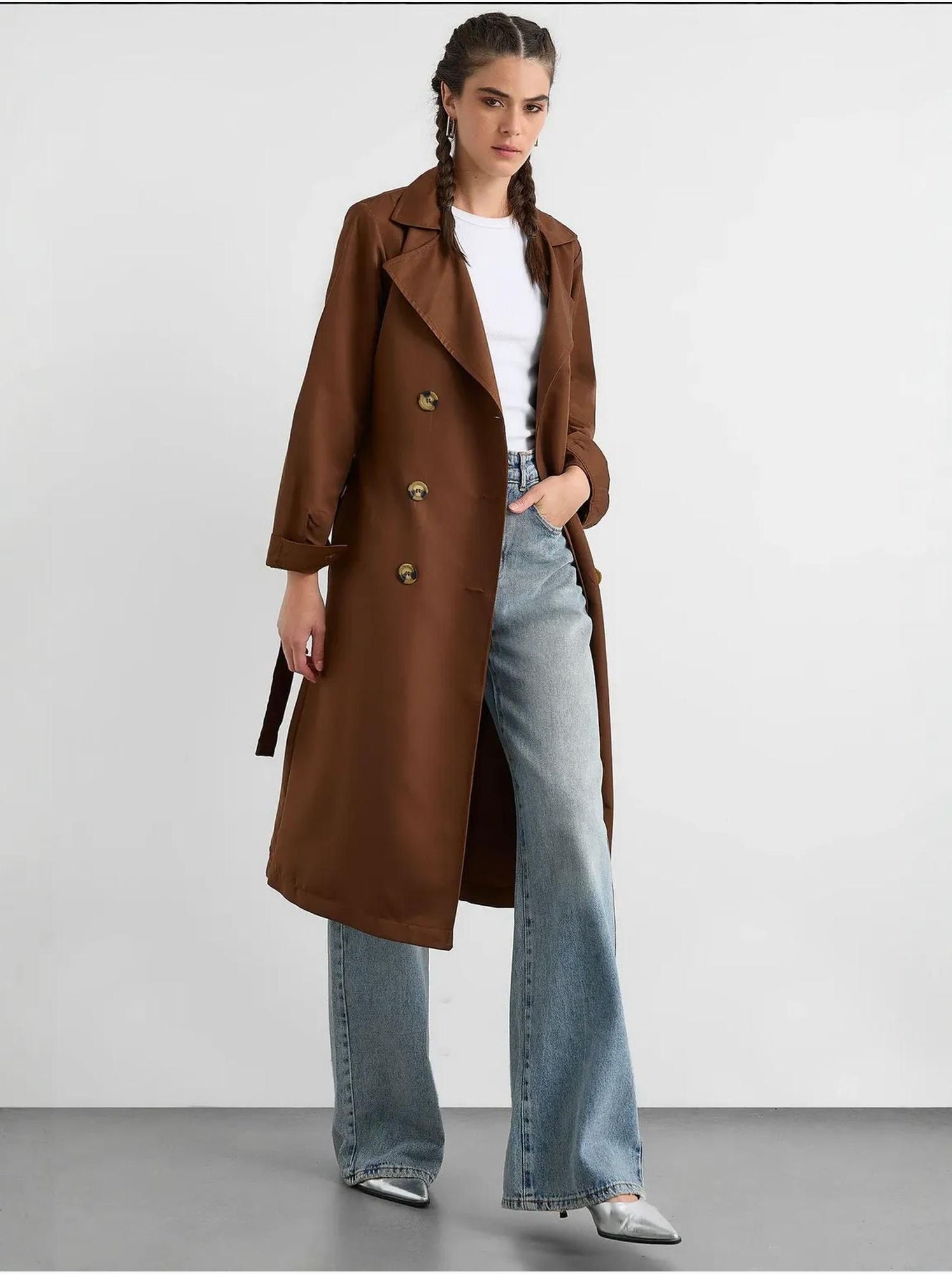 Trench-coat long croisé avec ceinture - Marron