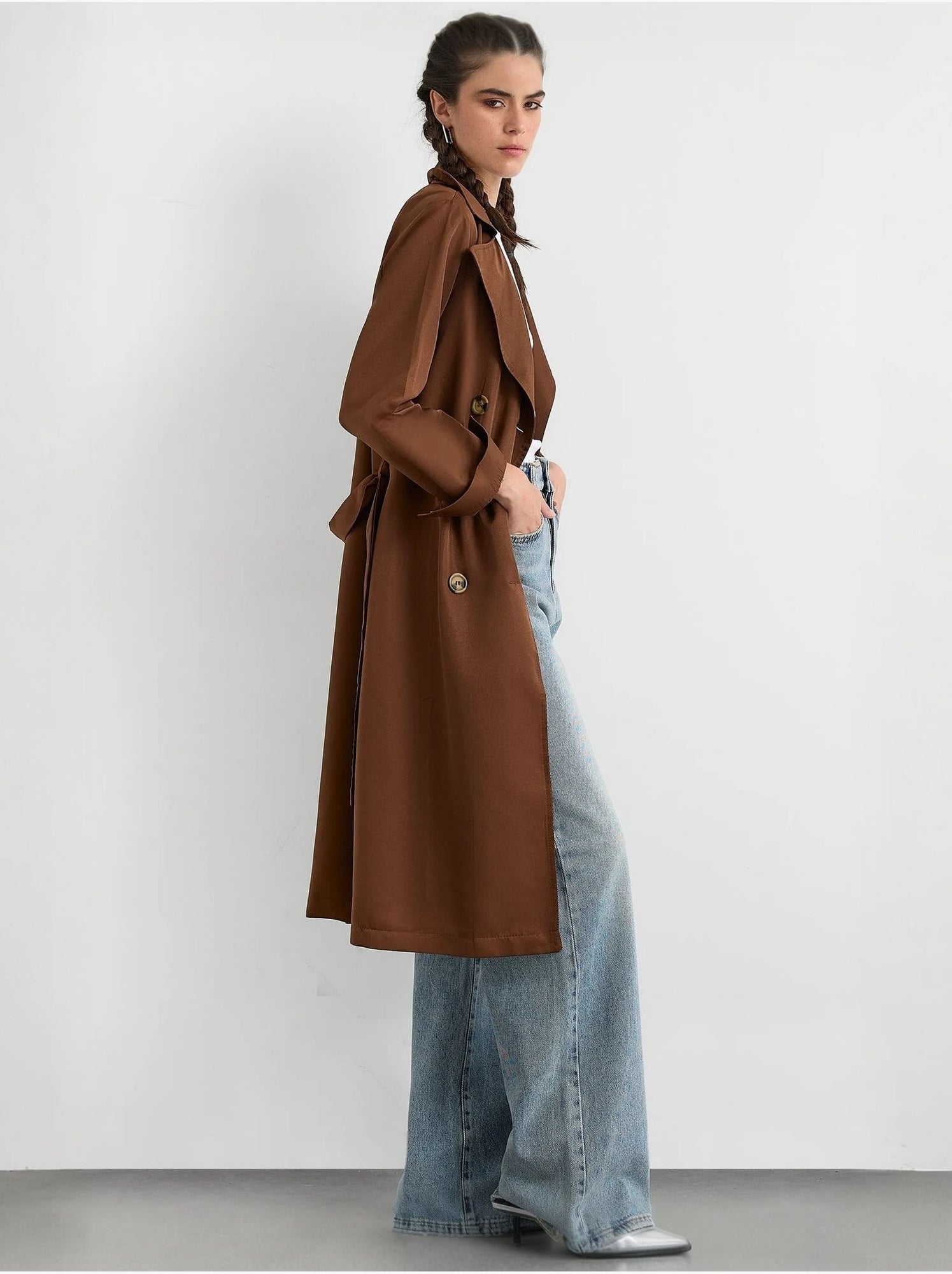 Trench-coat long croisé avec ceinture - Marron