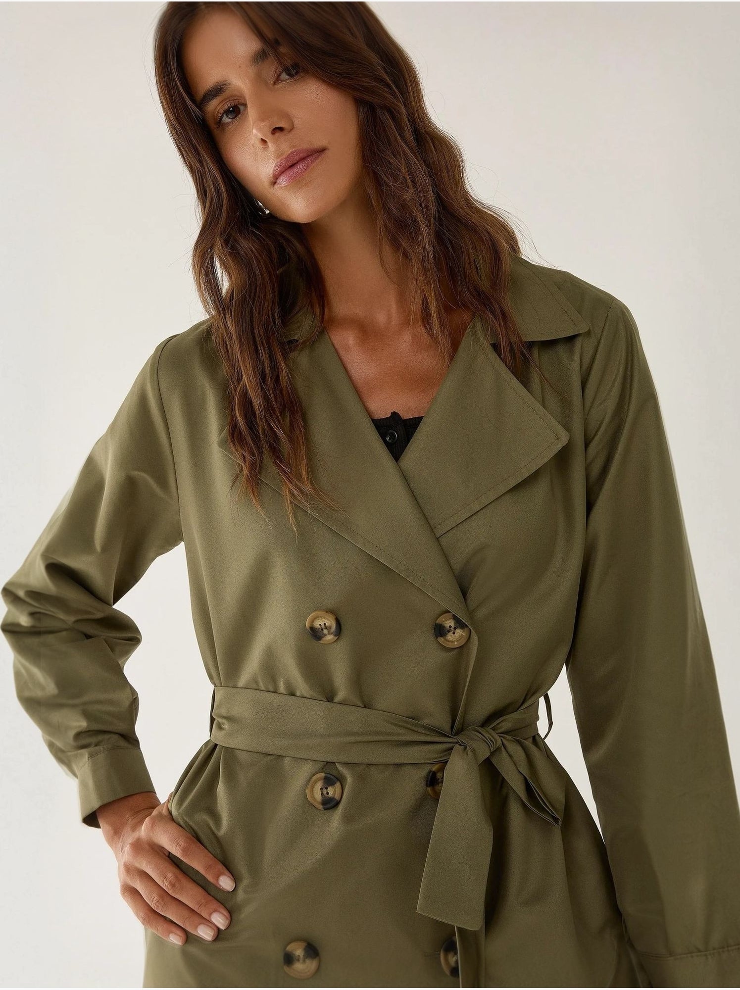 Trench-coat long croisé avec ceinture - Vert kaki
