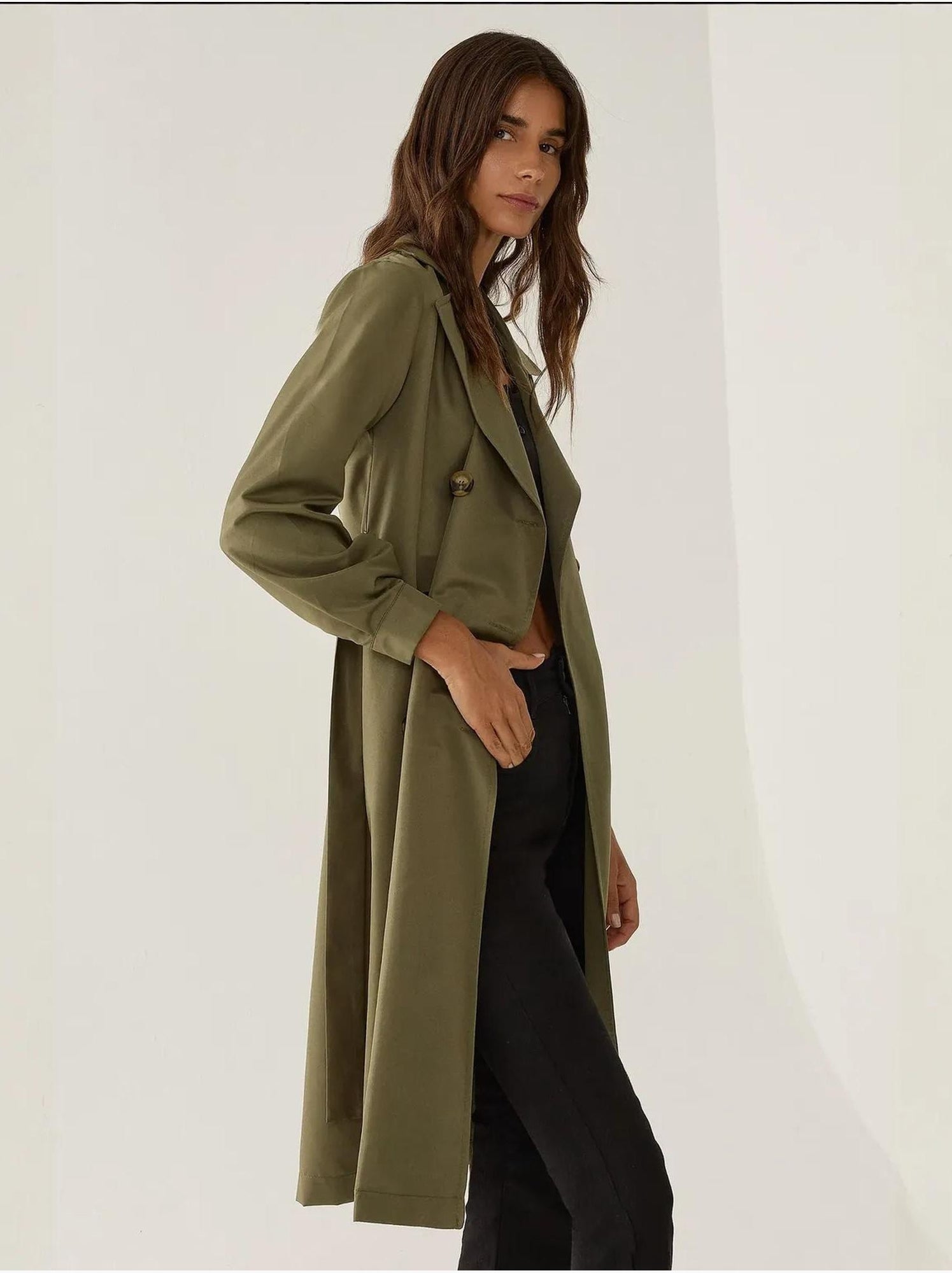 Trench-coat long croisé avec ceinture - Vert kaki