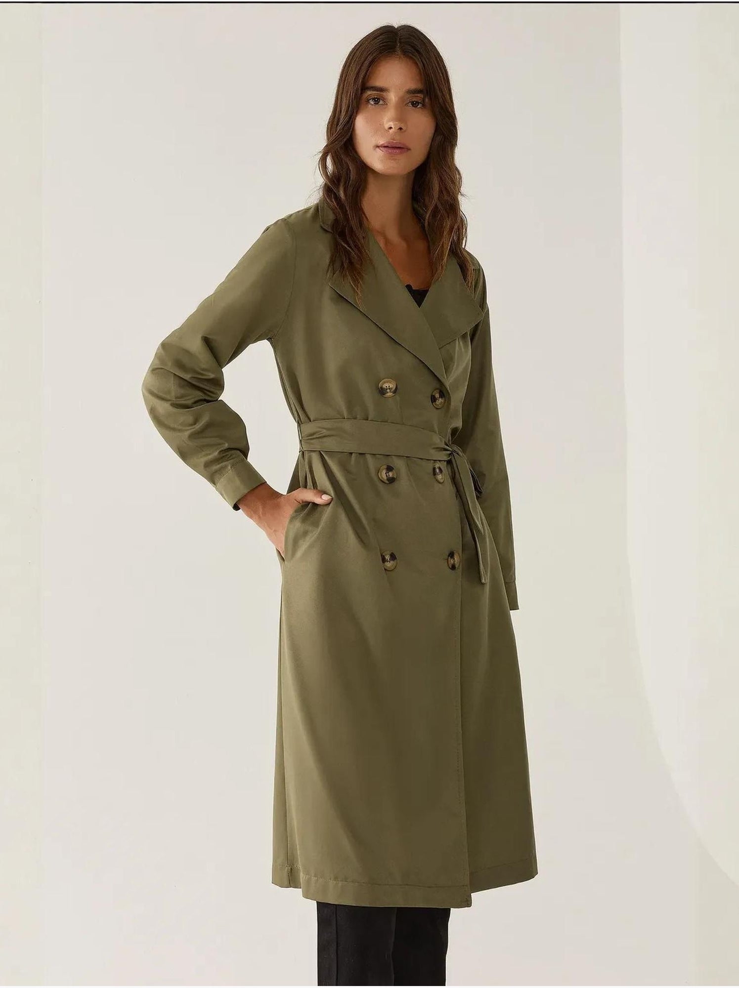 Trench-coat long croisé avec ceinture - Vert kaki