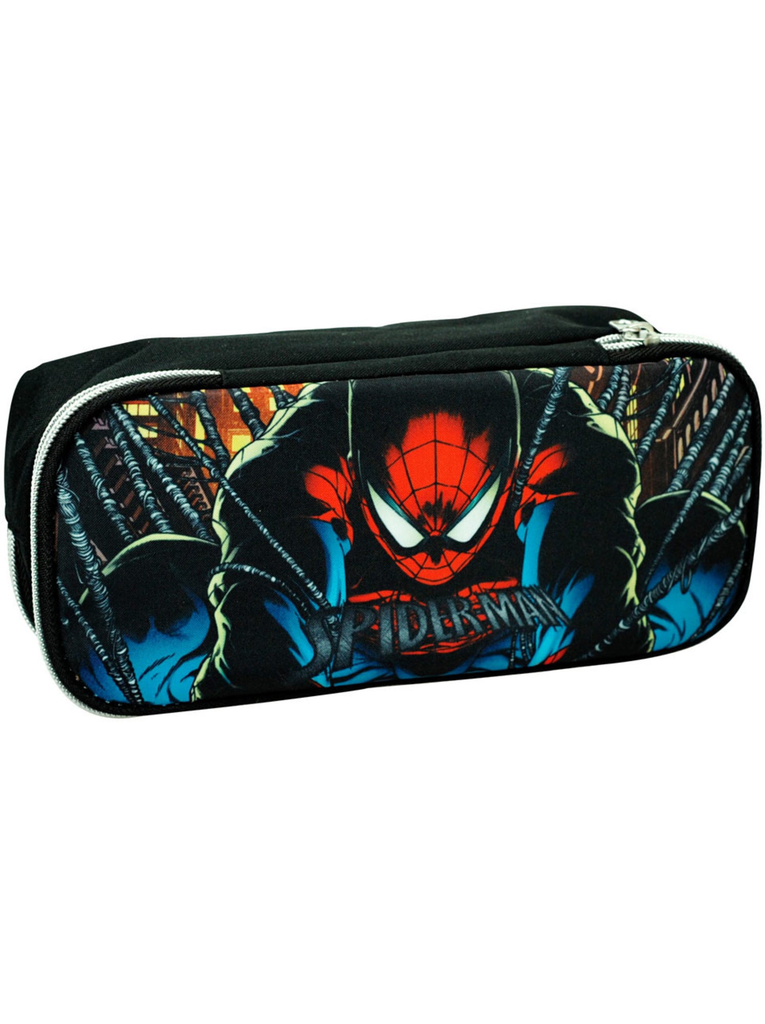 Trousse spiderman motif shadow en textile double zip - Noir Rouge Bleu