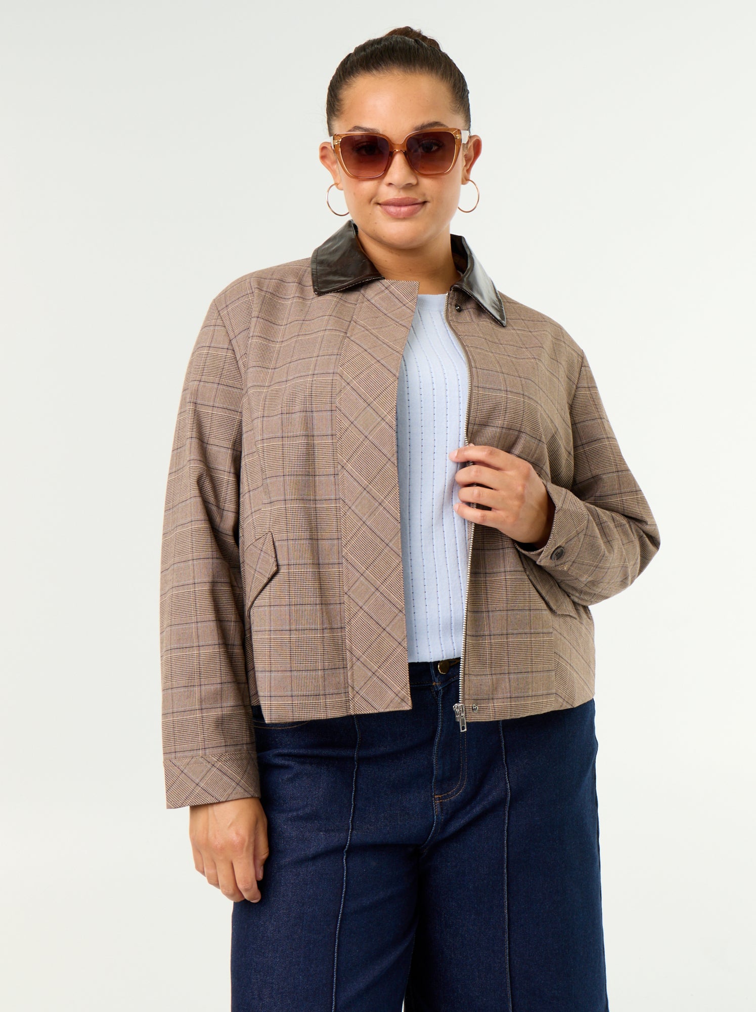 Veste à carreaux avec col vinyle - Beige