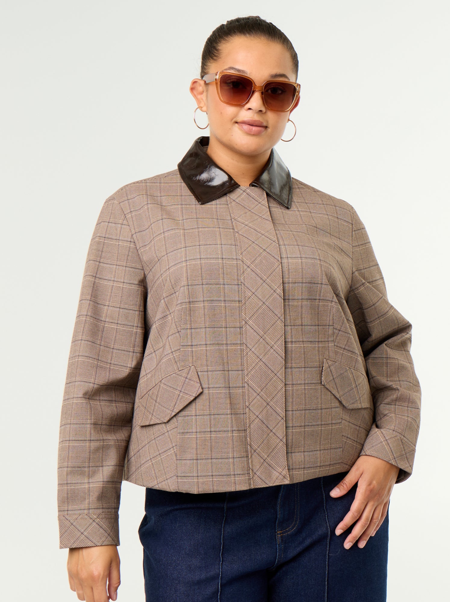 Veste à carreaux avec col vinyle - Beige