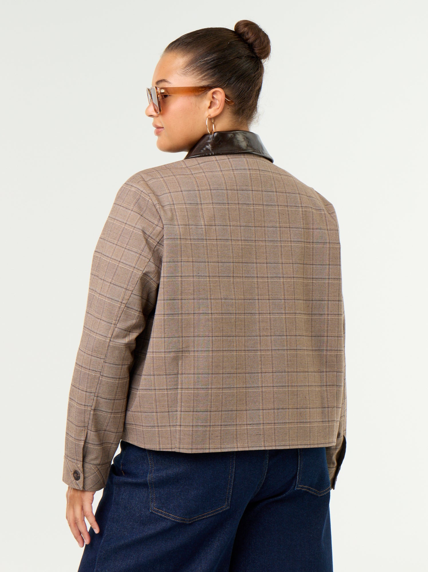Veste à carreaux avec col vinyle - Beige
