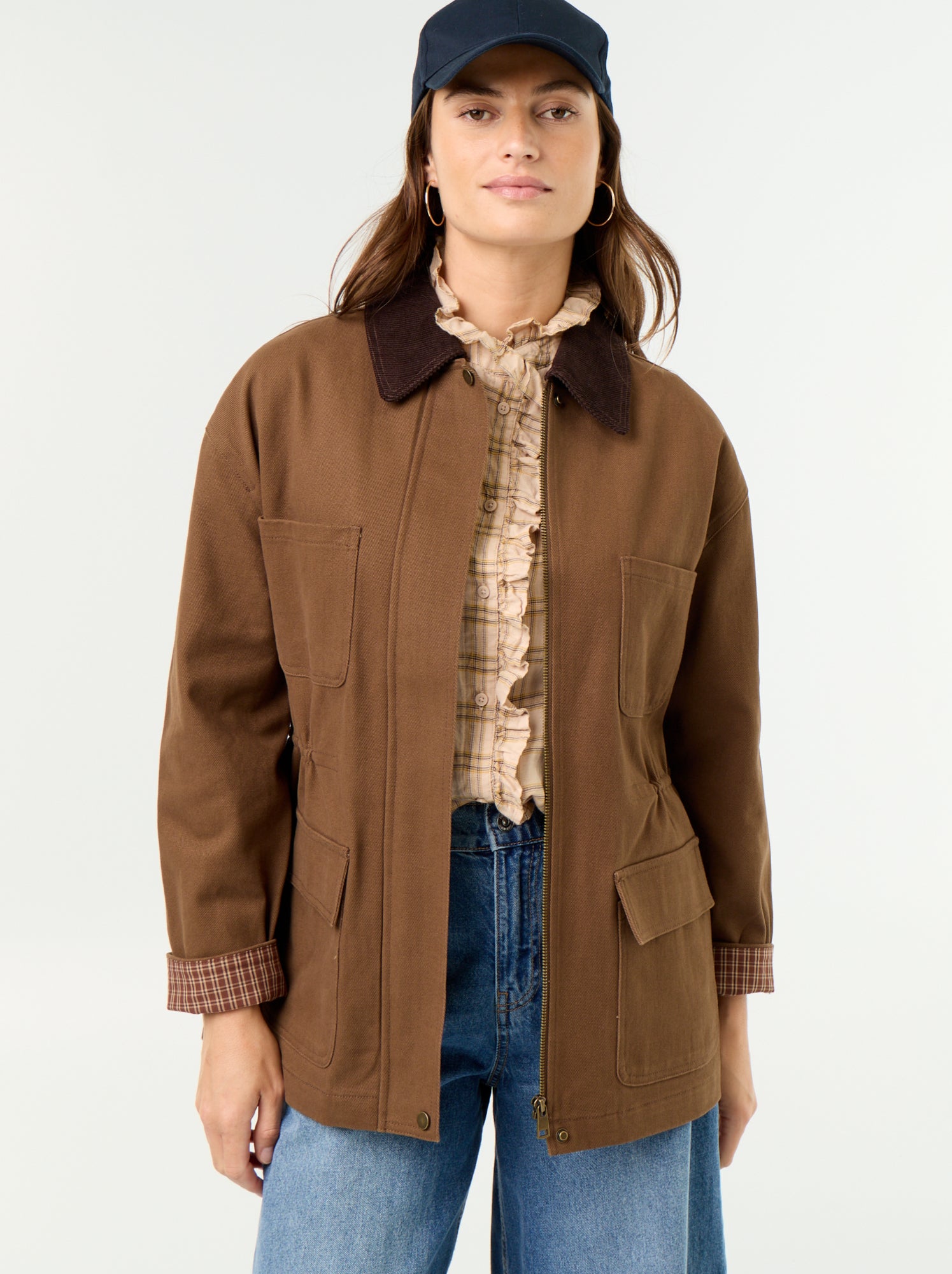 Veste coton twill avec col en velours - Marron
