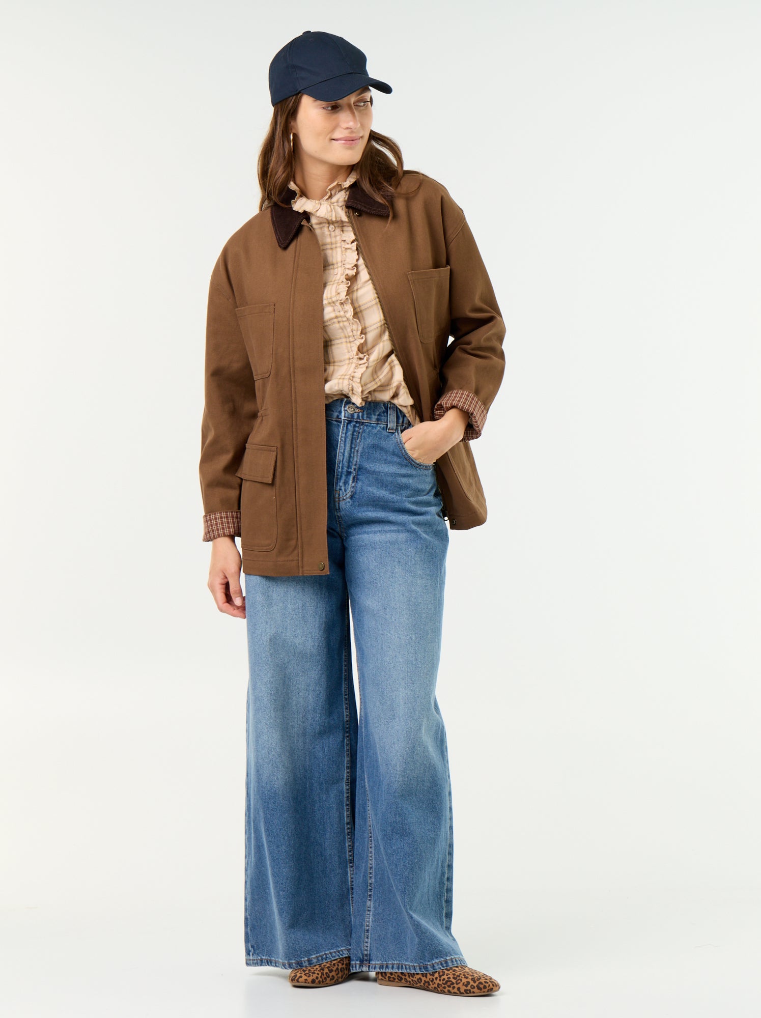 Veste coton twill avec col en velours - Marron