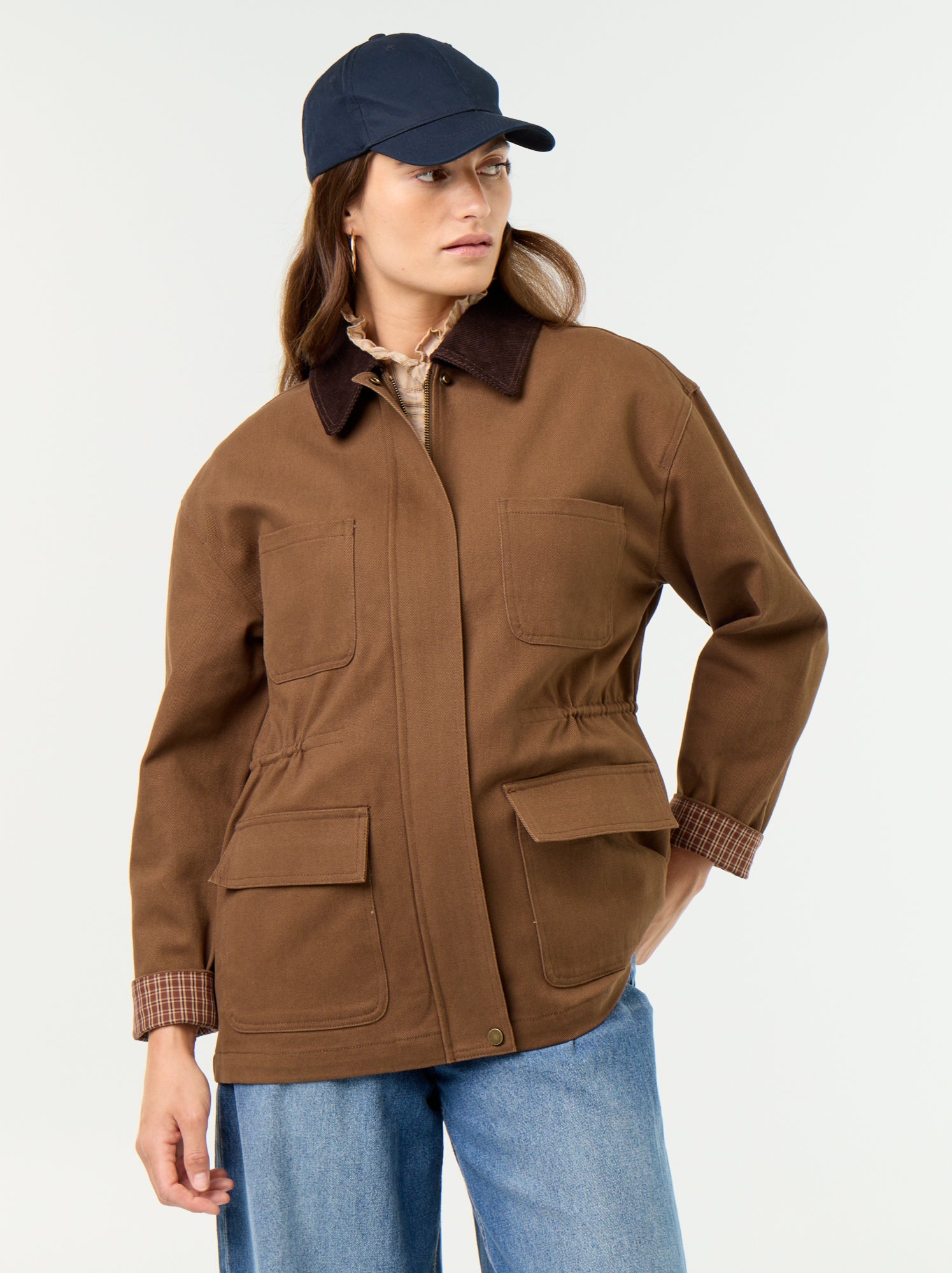 Veste coton twill avec col en velours - Marron