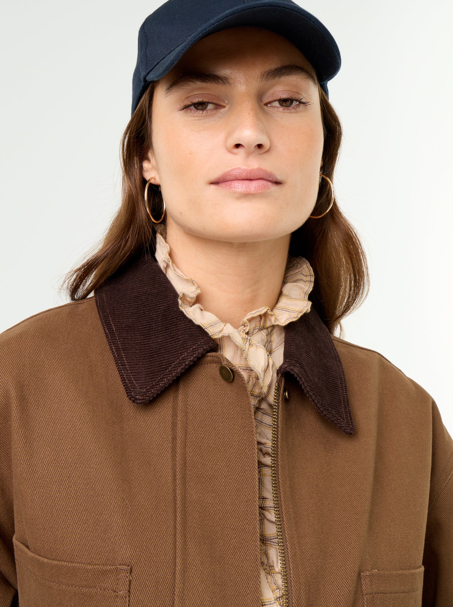 Veste coton twill avec col en velours - Marron