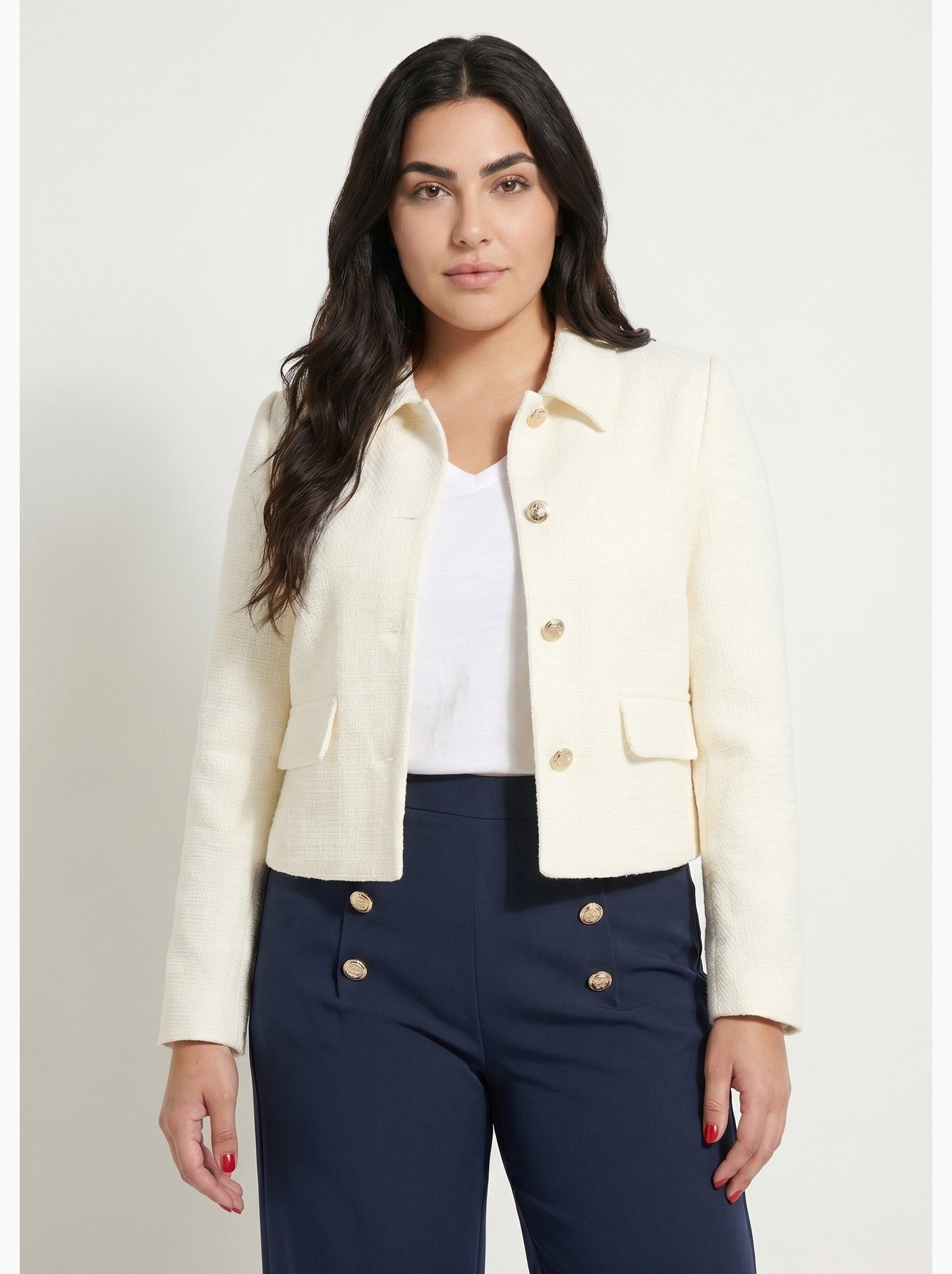 Veste courte droite boutonnée tissu natté uni - afibel - Ecru