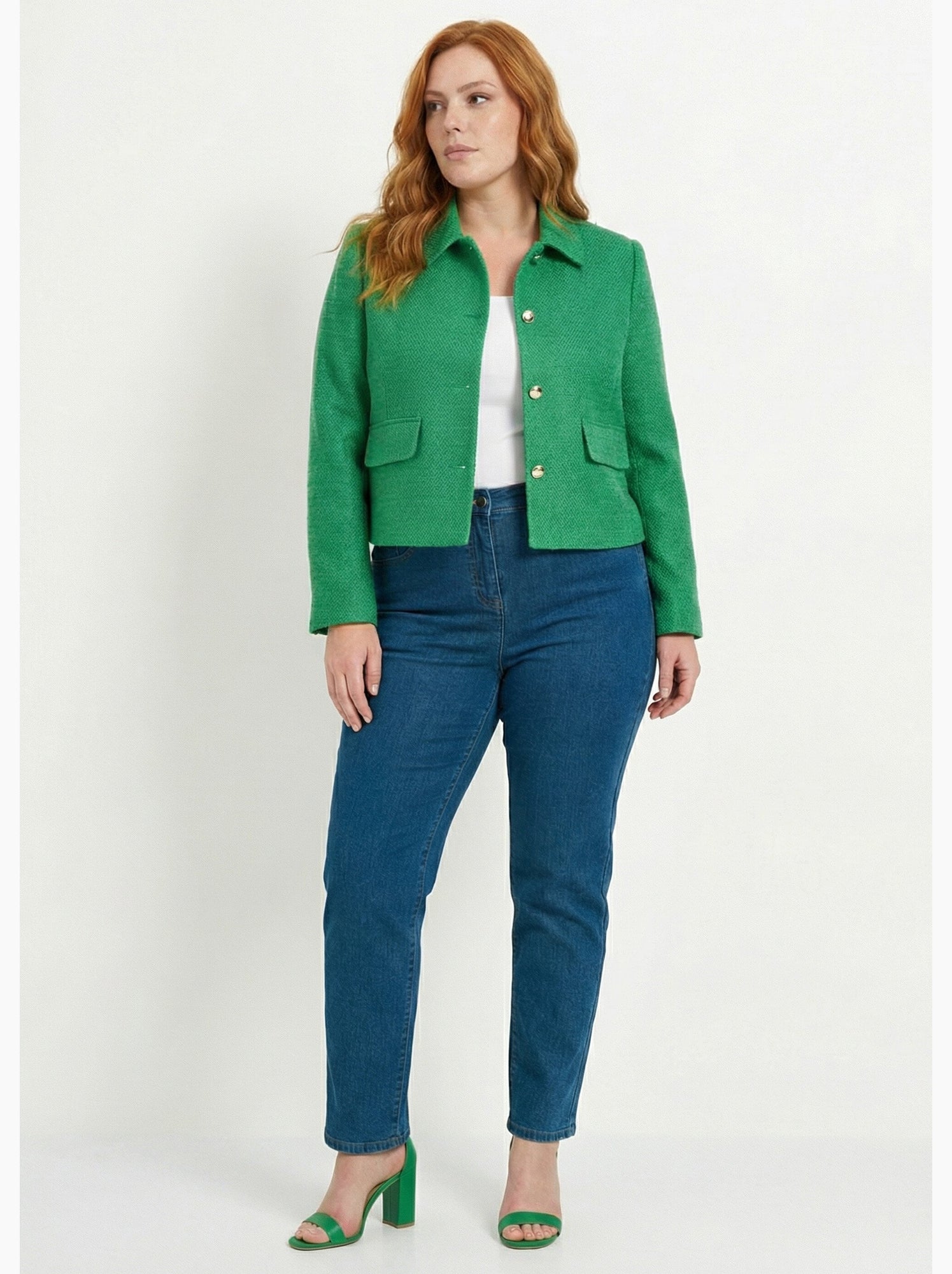 Veste courte droite boutonnée tissu natté uni - afibel - Vert
