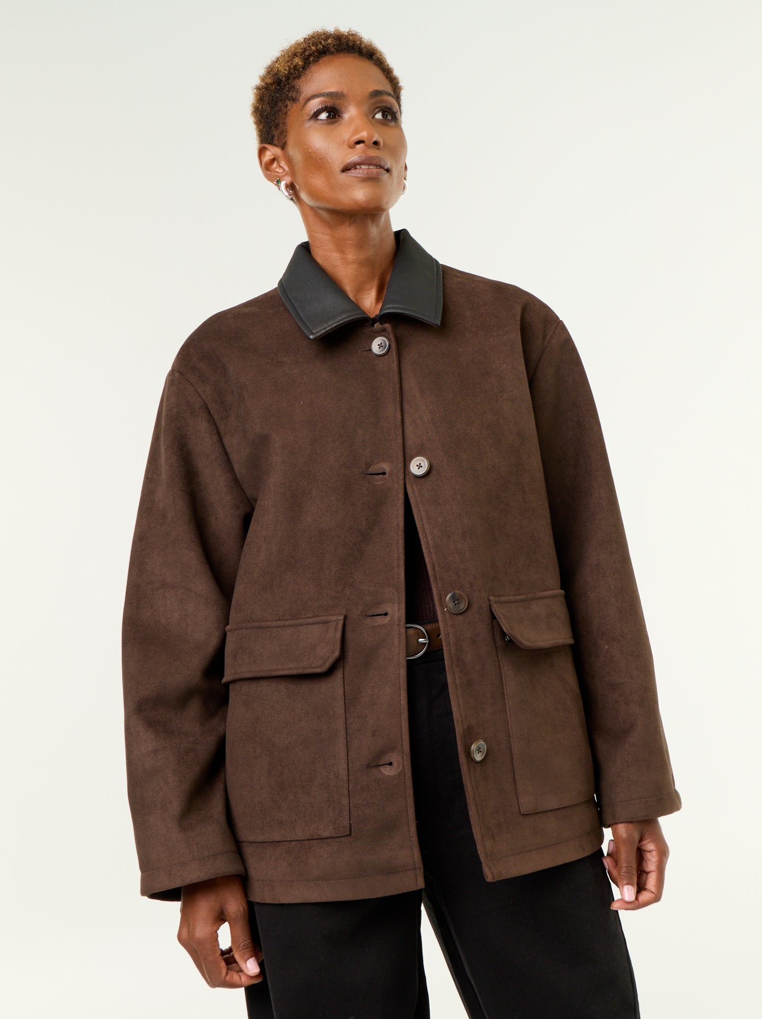 Veste droite en suédine avec col en simili - Marron
