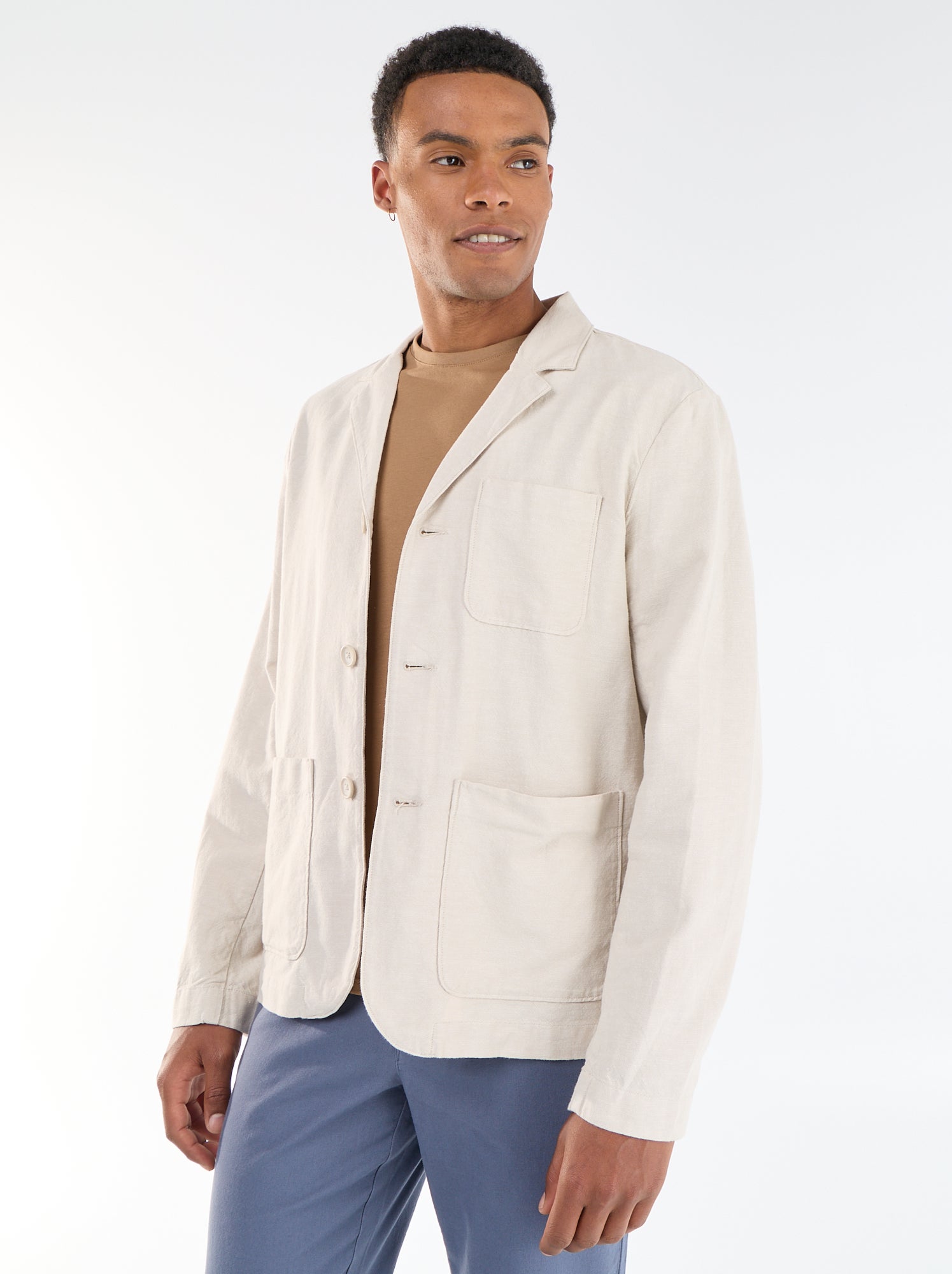 Veste en coton et lin avec poches plaquées - Beige