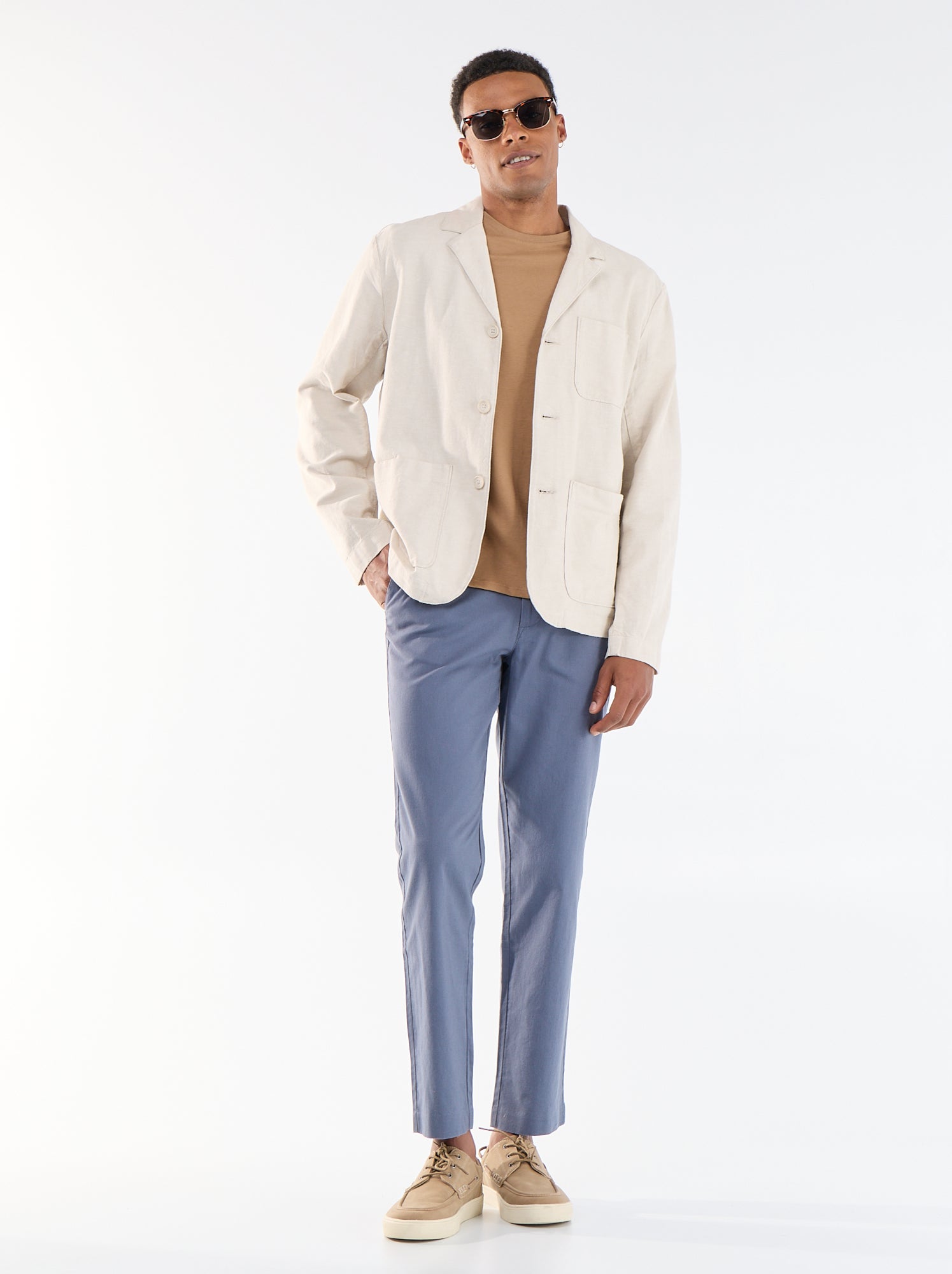 Veste en coton et lin avec poches plaquées - Beige