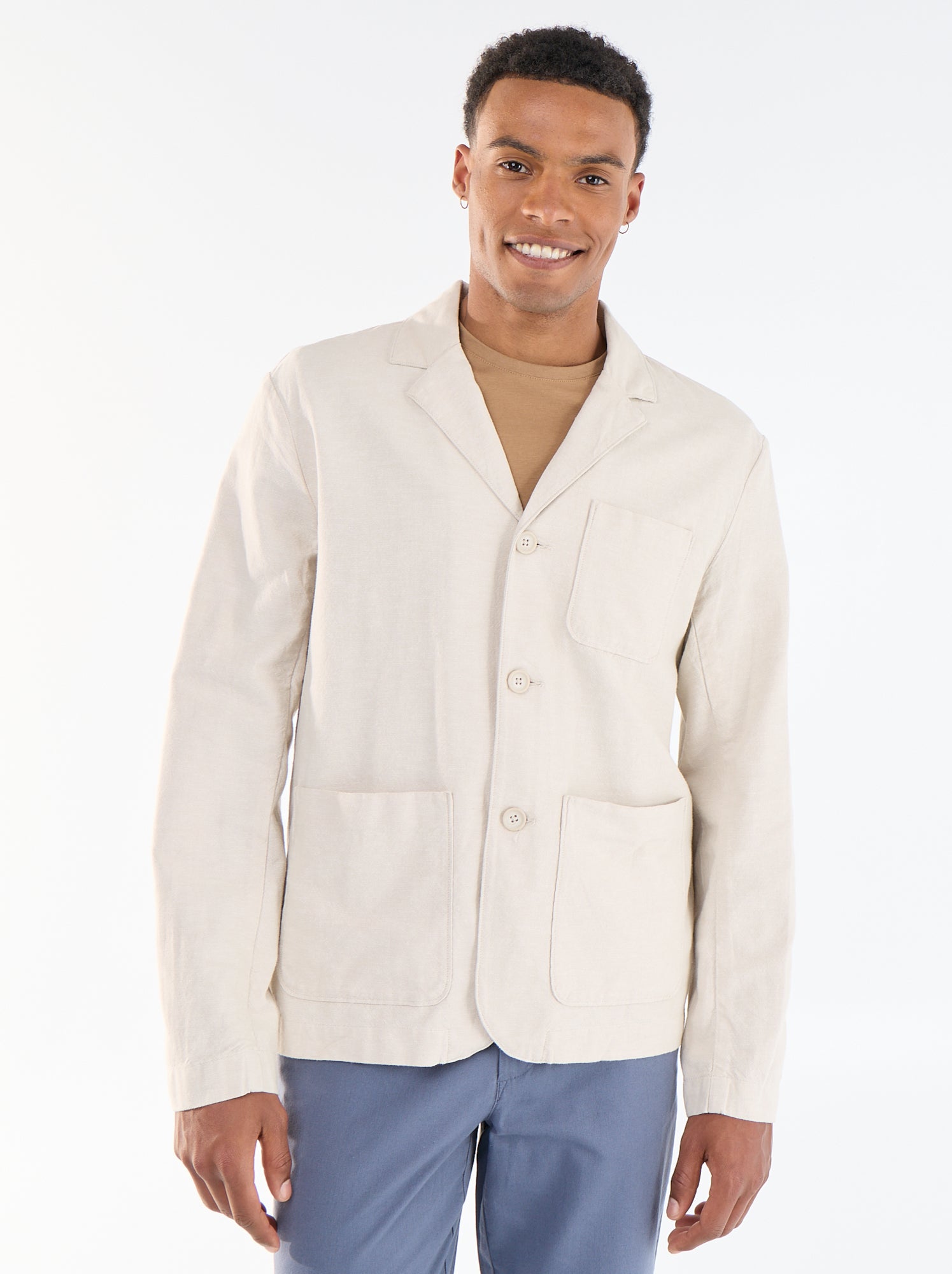 Veste en coton et lin avec poches plaquées - Beige