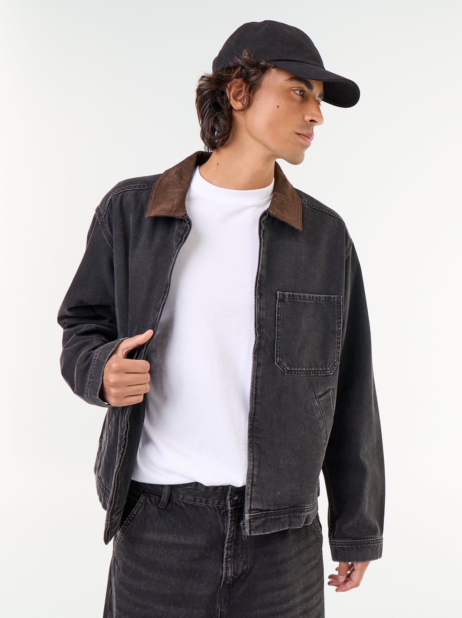 Veste en jean avec col en velours côtelé - Noir
