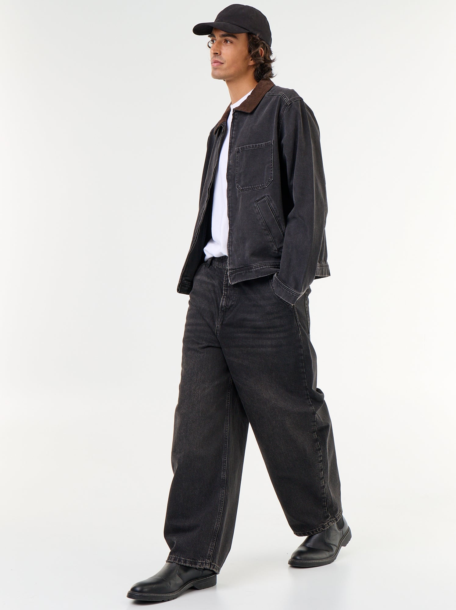 Veste en jean avec col en velours côtelé - Noir