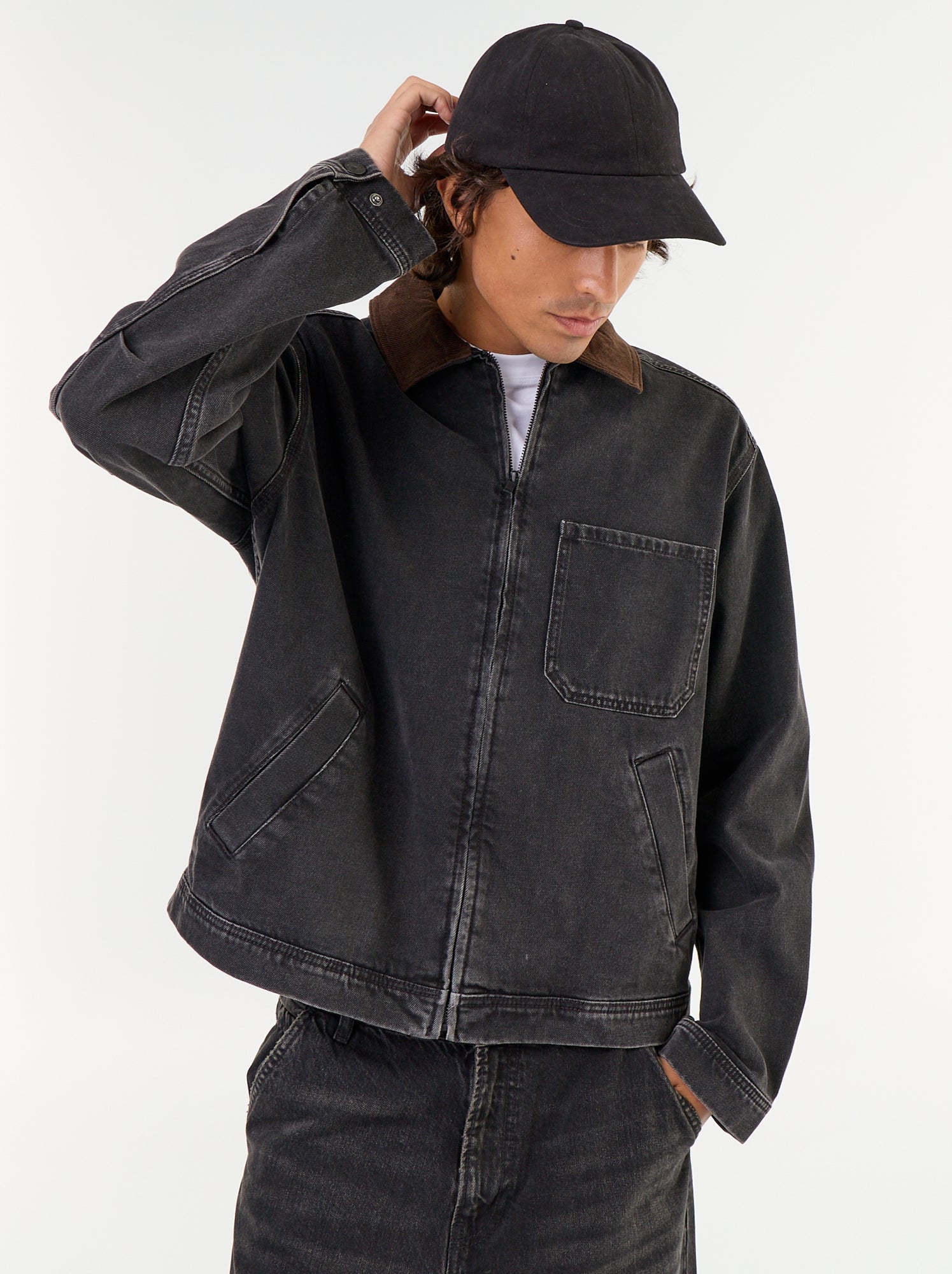 Veste en jean avec col en velours côtelé - Noir