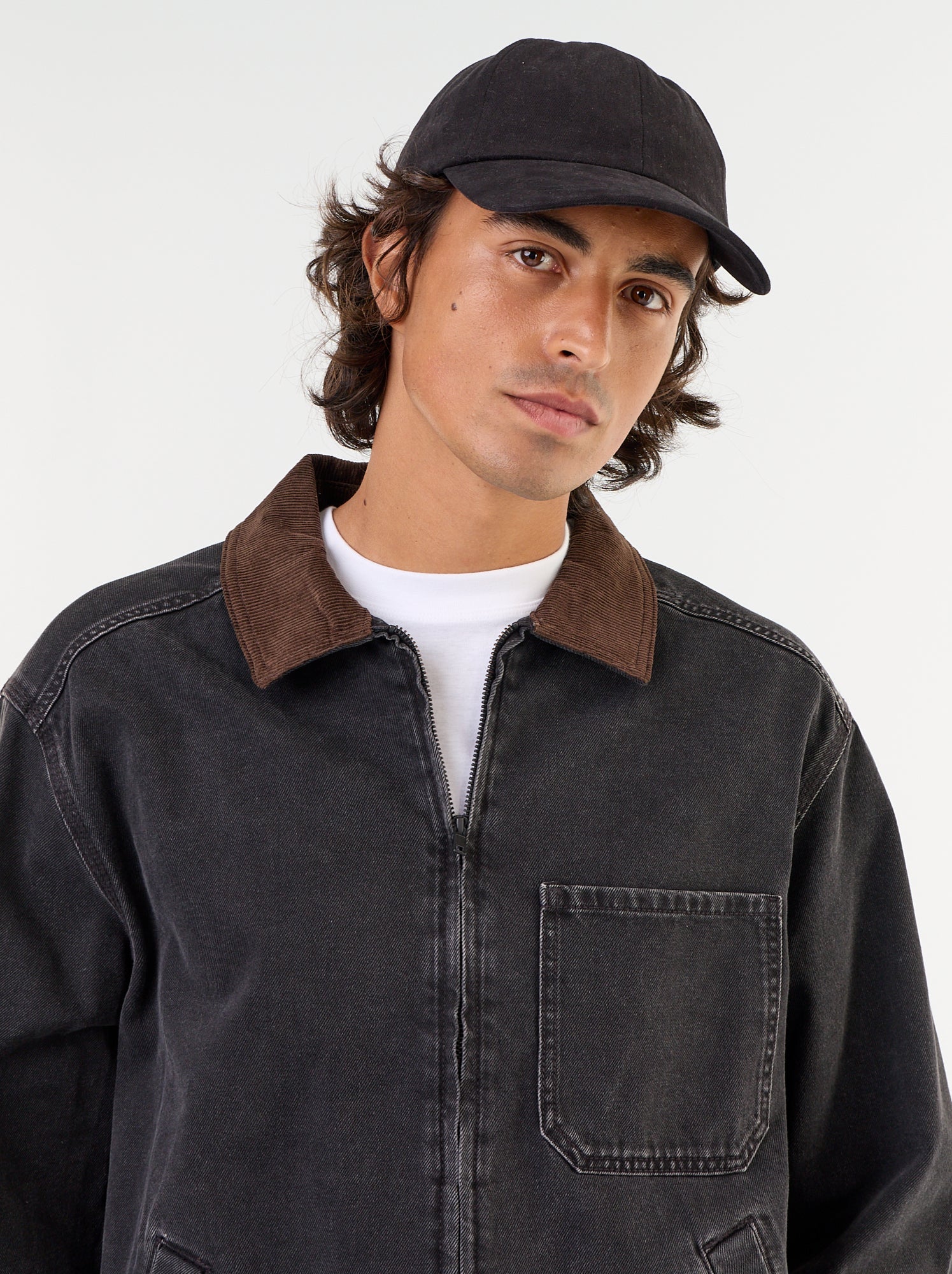 Veste en jean avec col en velours côtelé - Noir