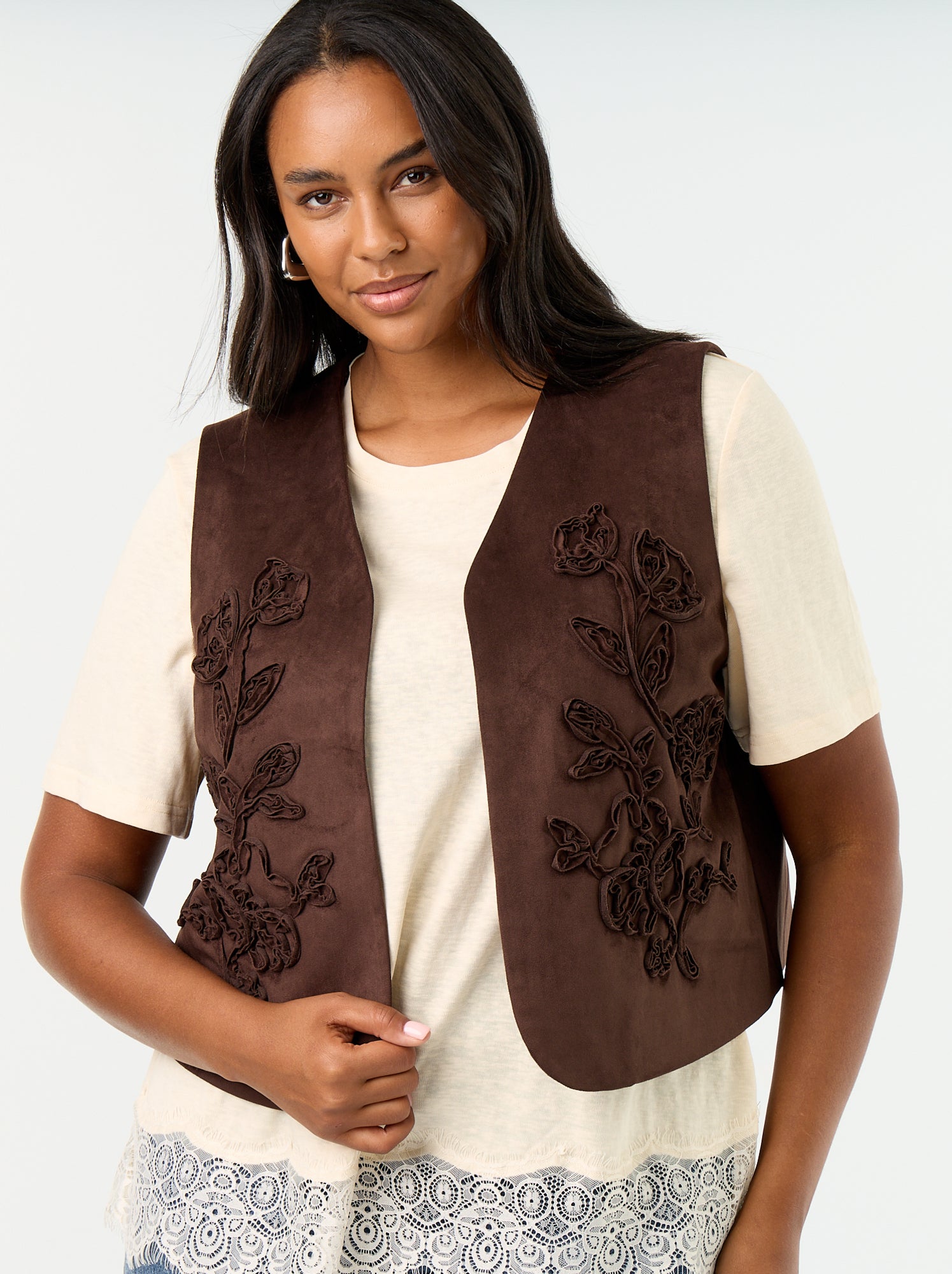 Veste en suédine sans manches avec broderies - Marron