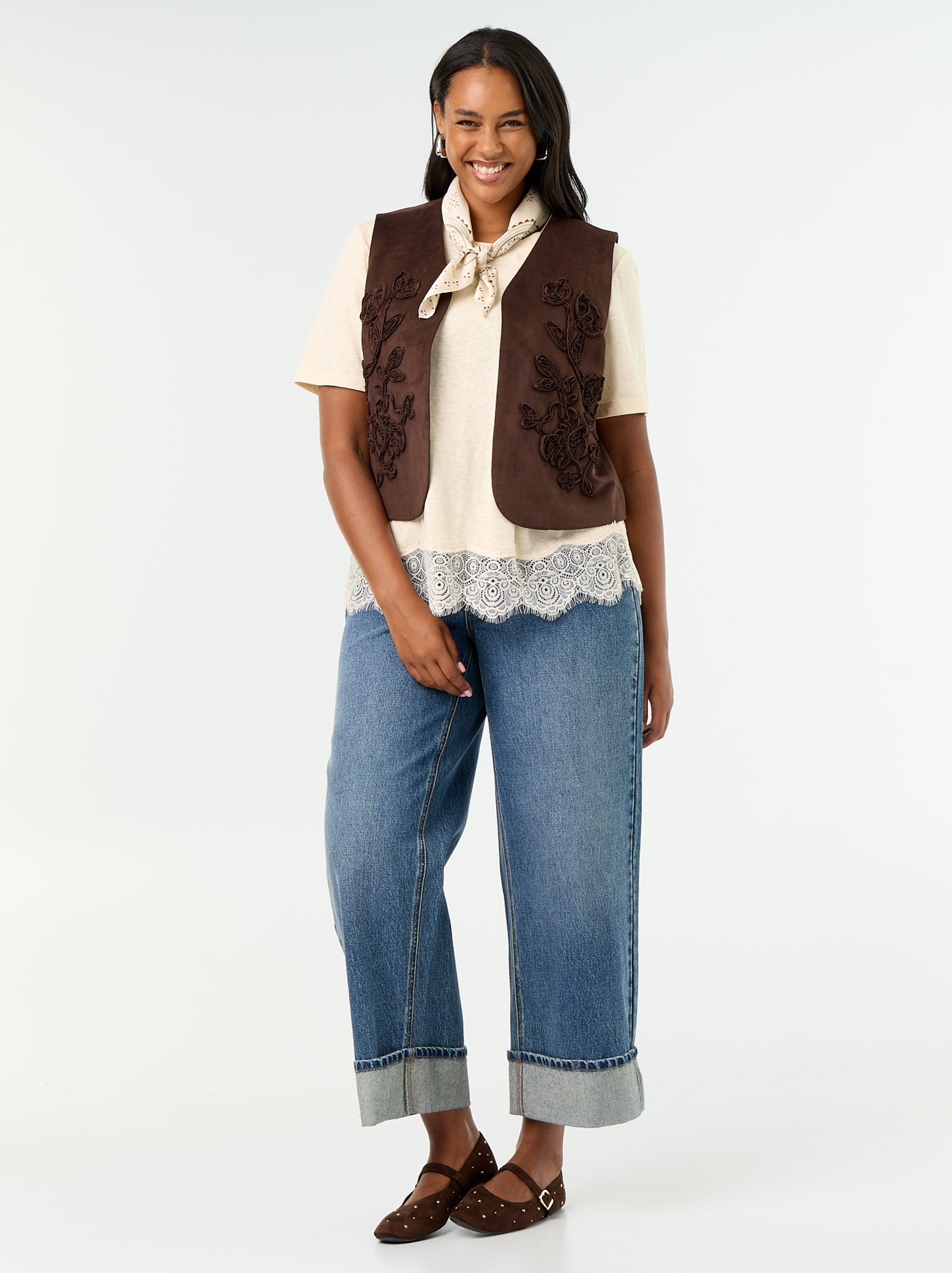 Veste en suédine sans manches avec broderies - Marron