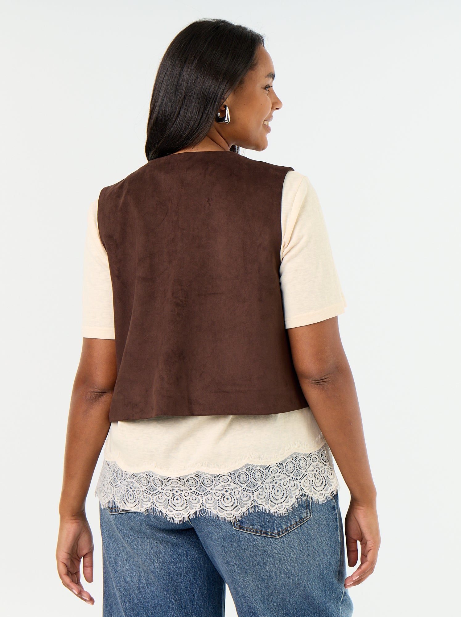 Veste en suédine sans manches avec broderies - Marron