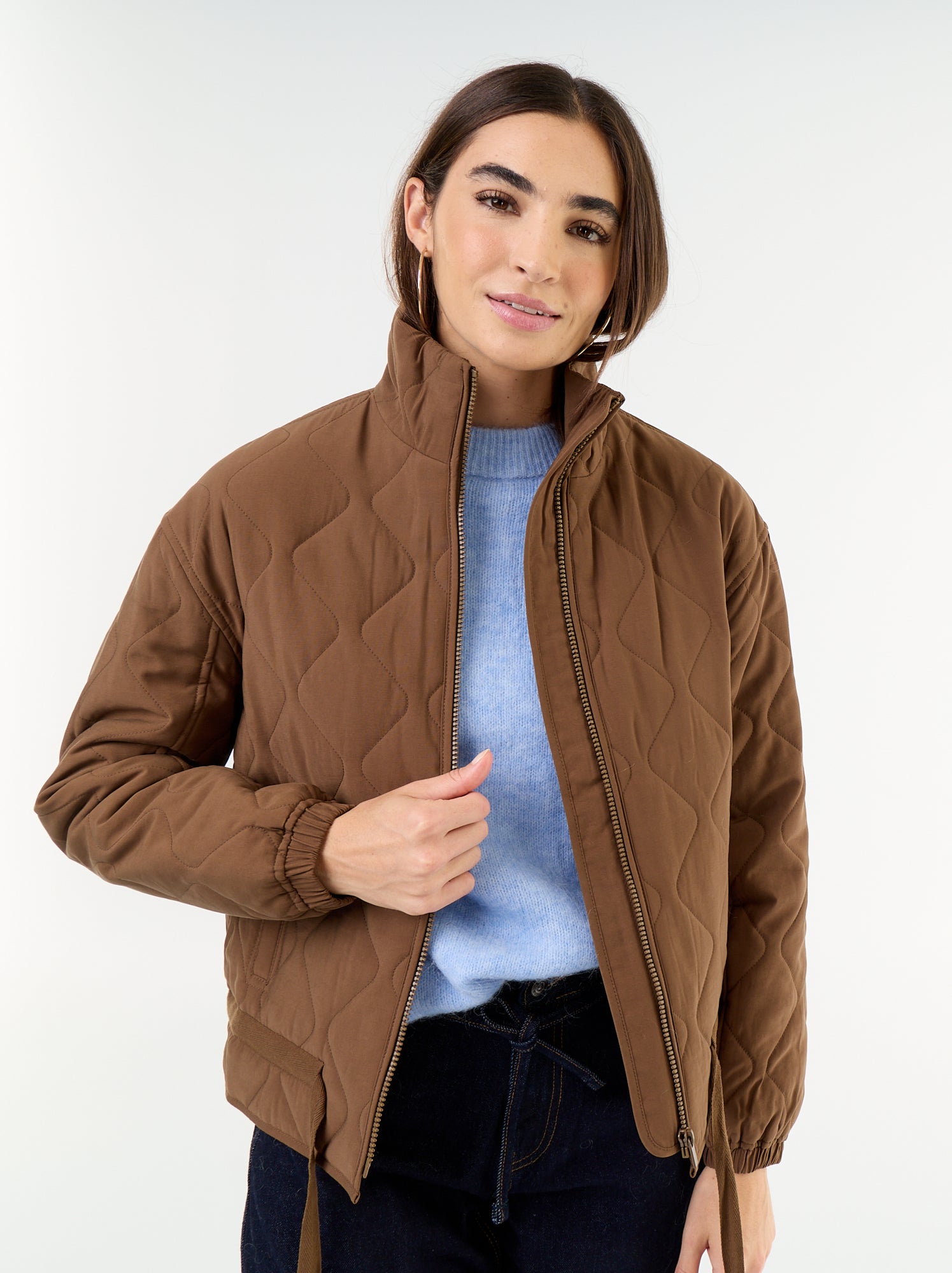 Veste matelassée resserable à la taille - Marron