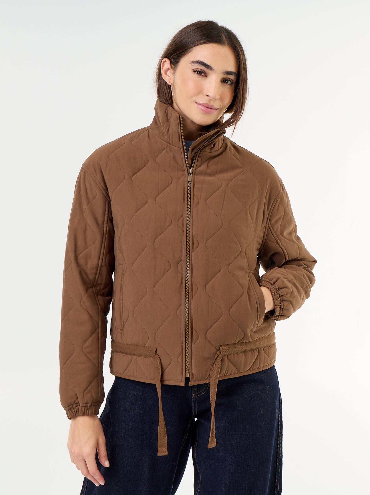 Veste matelassée resserable à la taille - Marron
