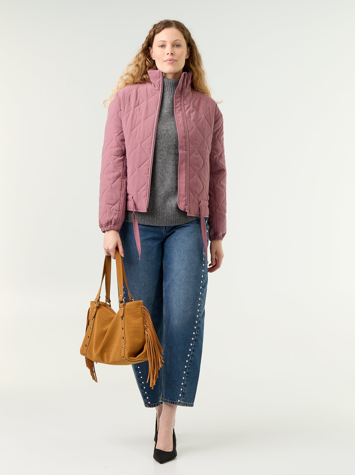 Veste matelassée resserable à la taille - Rose