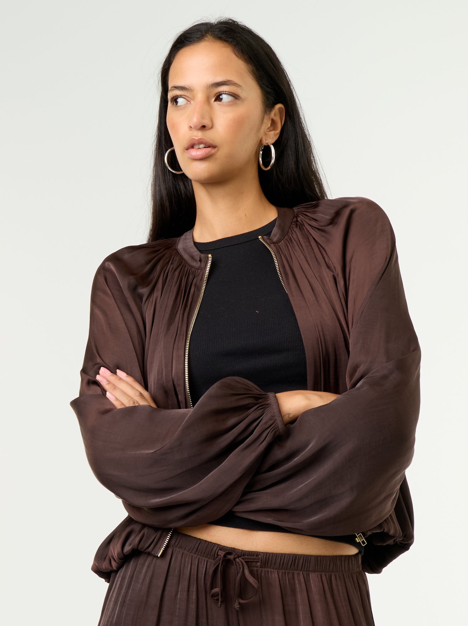 Veste unie satinée forme boule - Marron