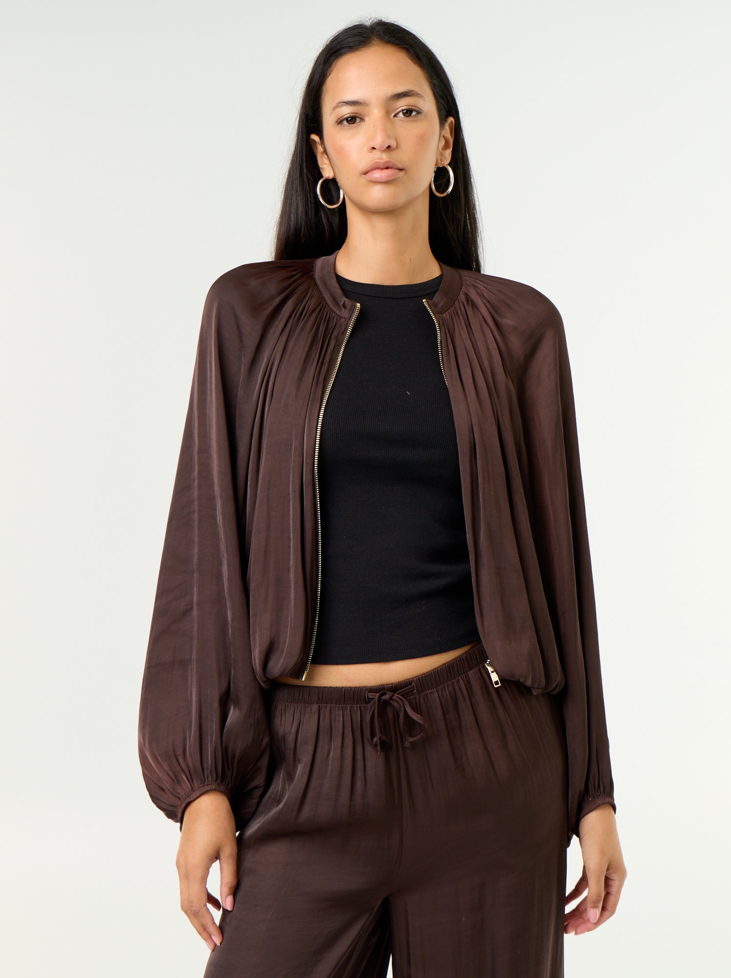 Veste unie satinée forme boule - Marron