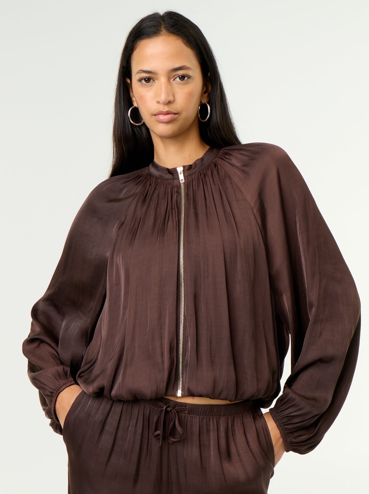 Veste unie satinée forme boule - Marron