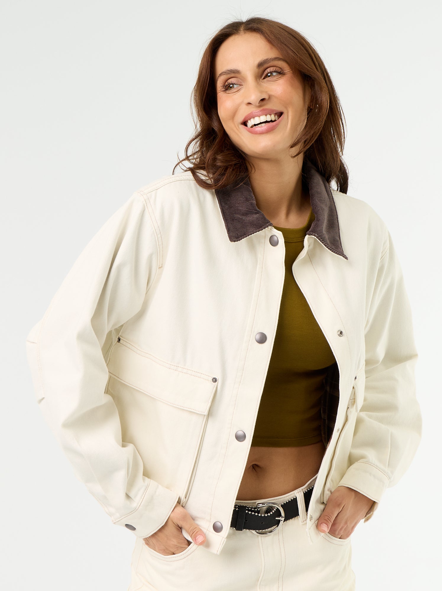 Veste workwear en denim et col velours - Beige