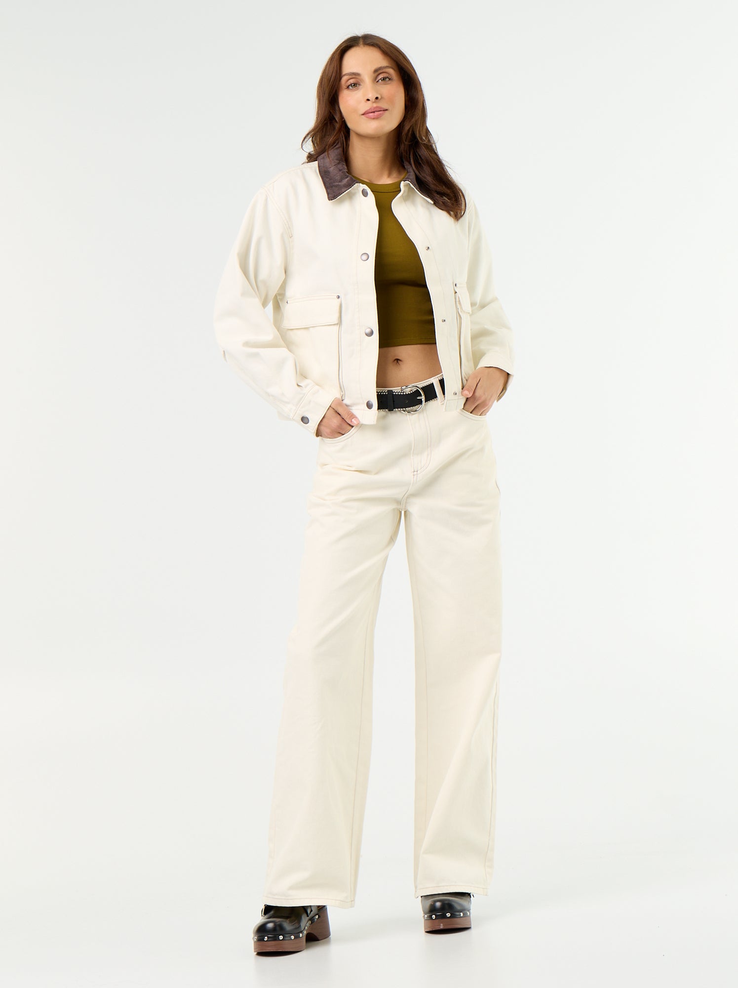 Veste workwear en denim et col velours - Beige