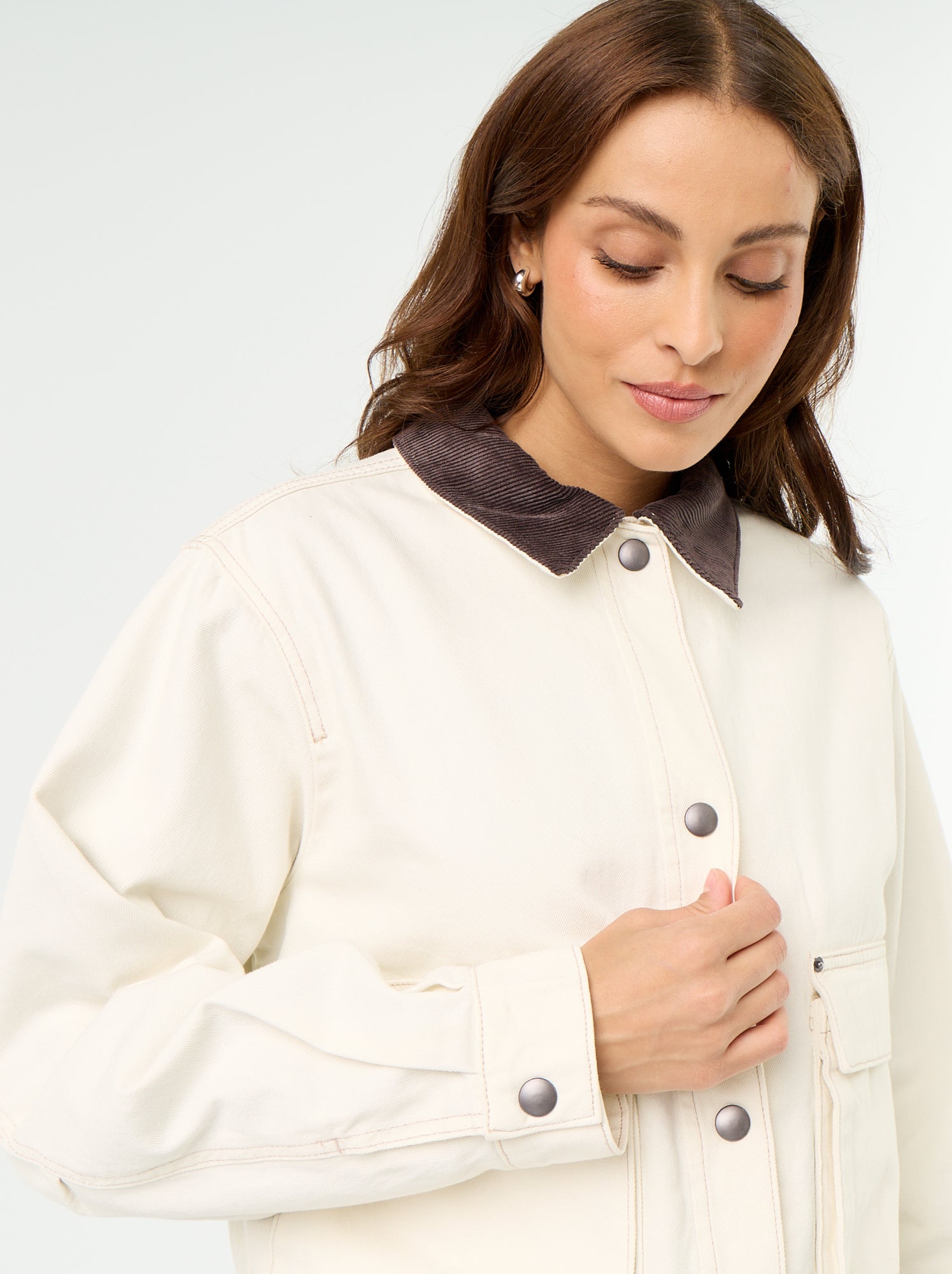Veste workwear en denim et col velours - Beige
