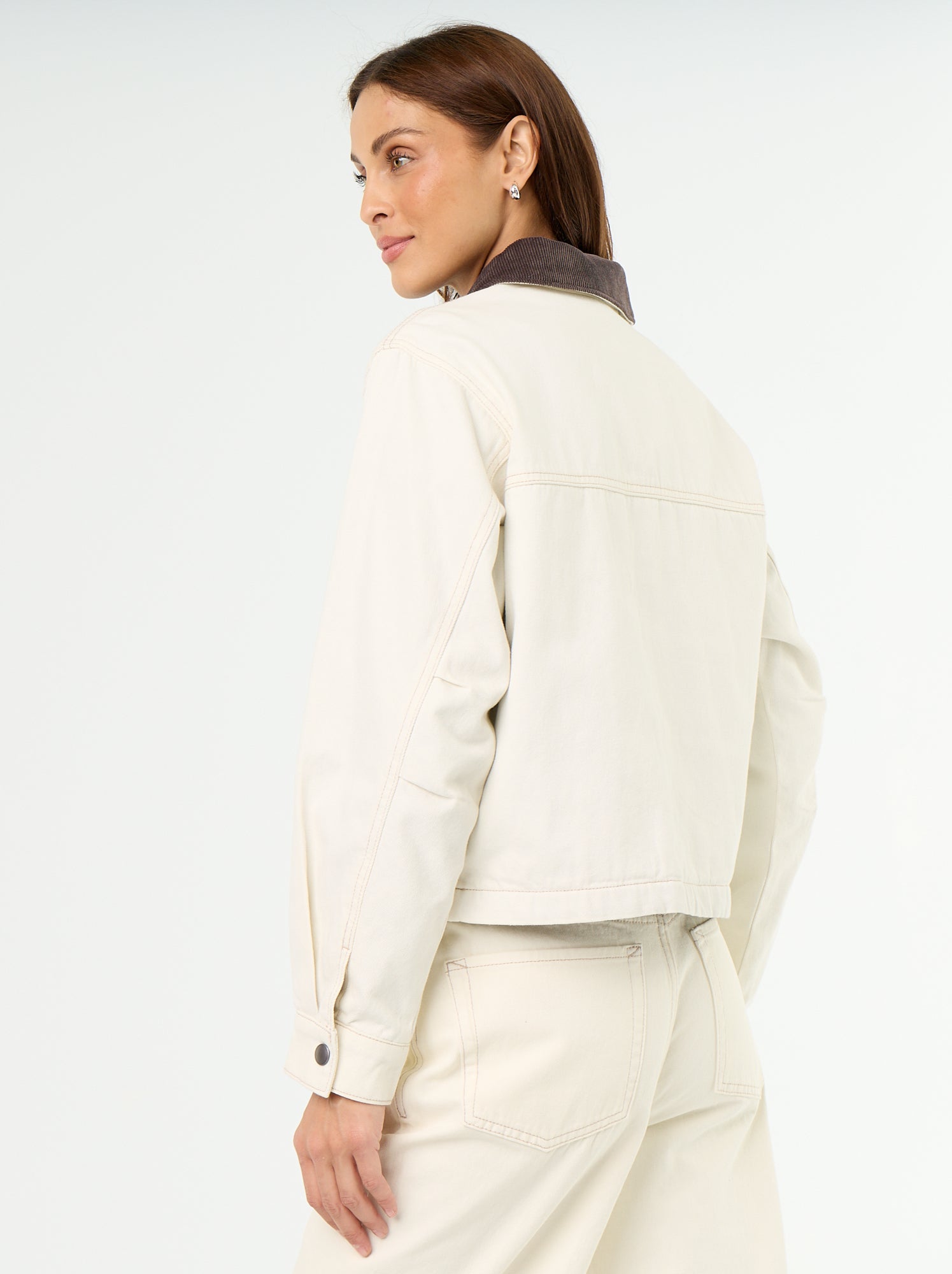 Veste workwear en denim et col velours - Beige