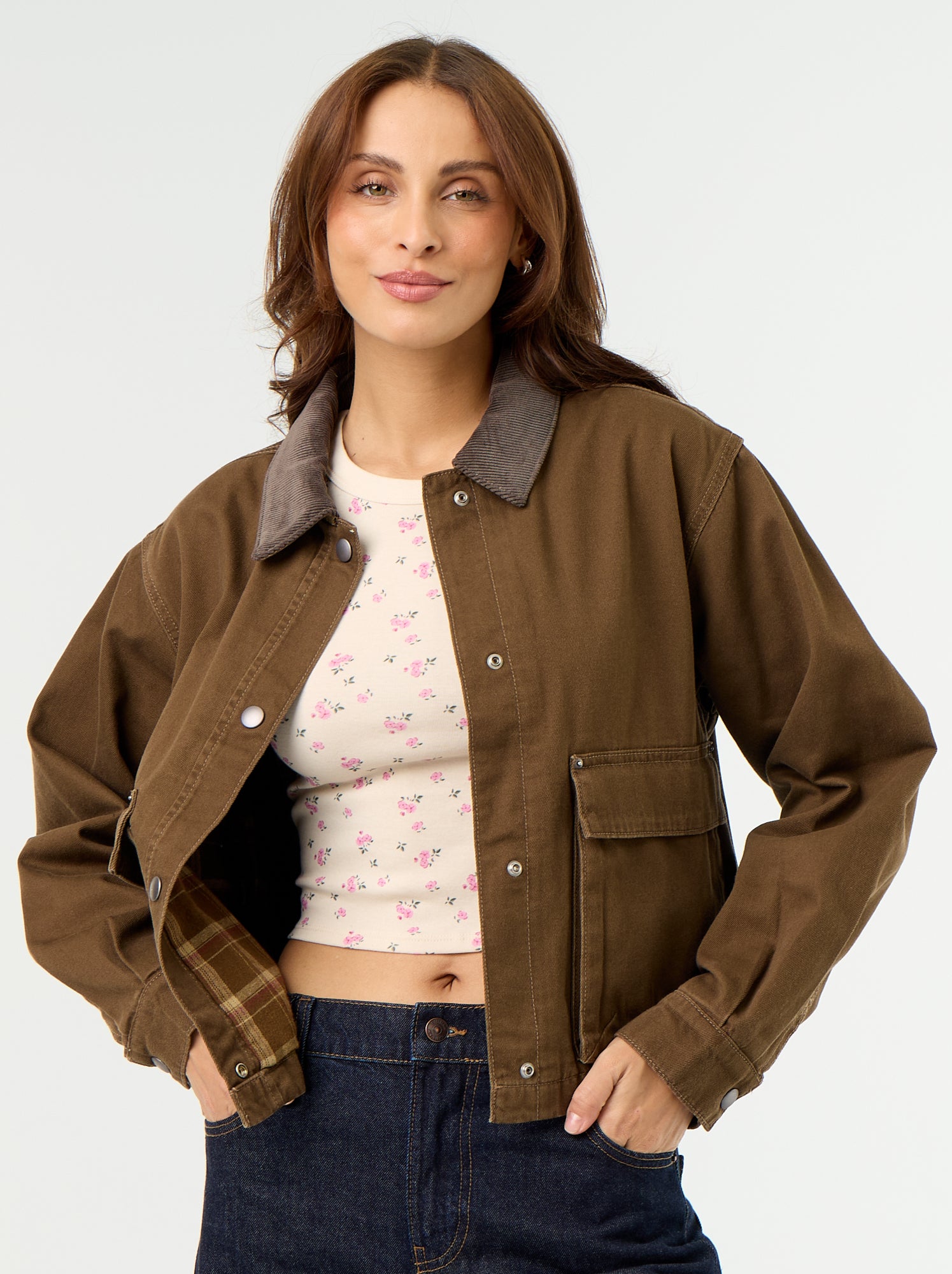 Veste workwear en denim et col velours - Marron (GBL75_5)