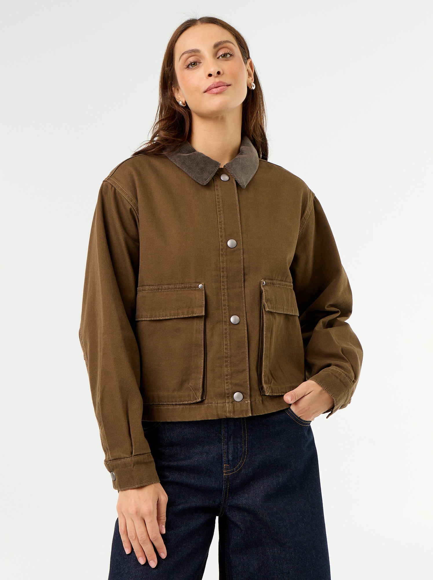 Veste workwear en denim et col velours - Marron (GBL75_5)