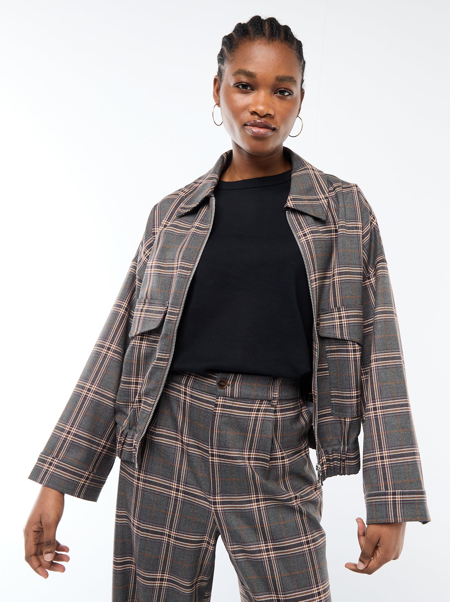 Veste zippée à carreaux poche plaquée - Gris