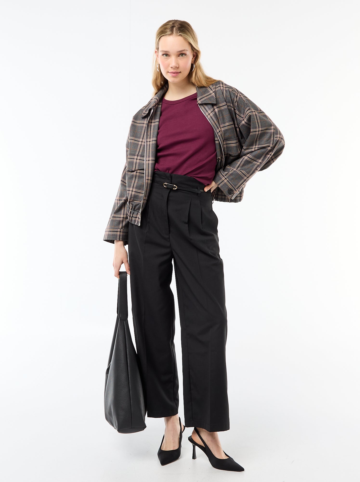 Veste zippée à carreaux poche plaquée - Gris