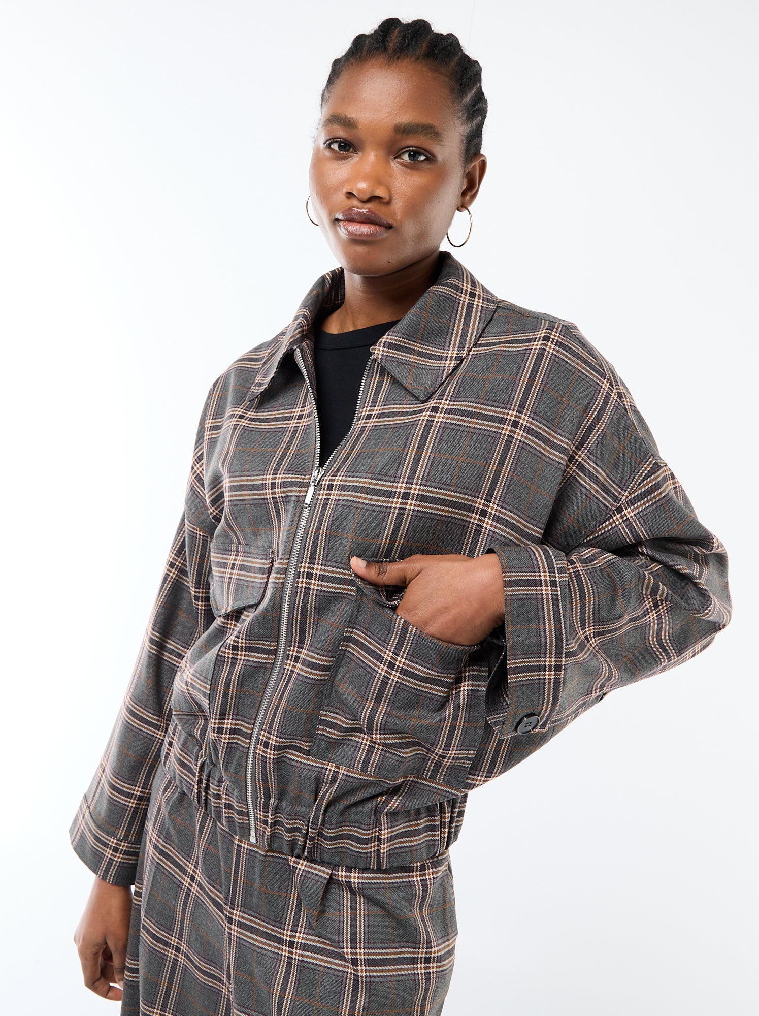 Veste zippée à carreaux poche plaquée - Gris