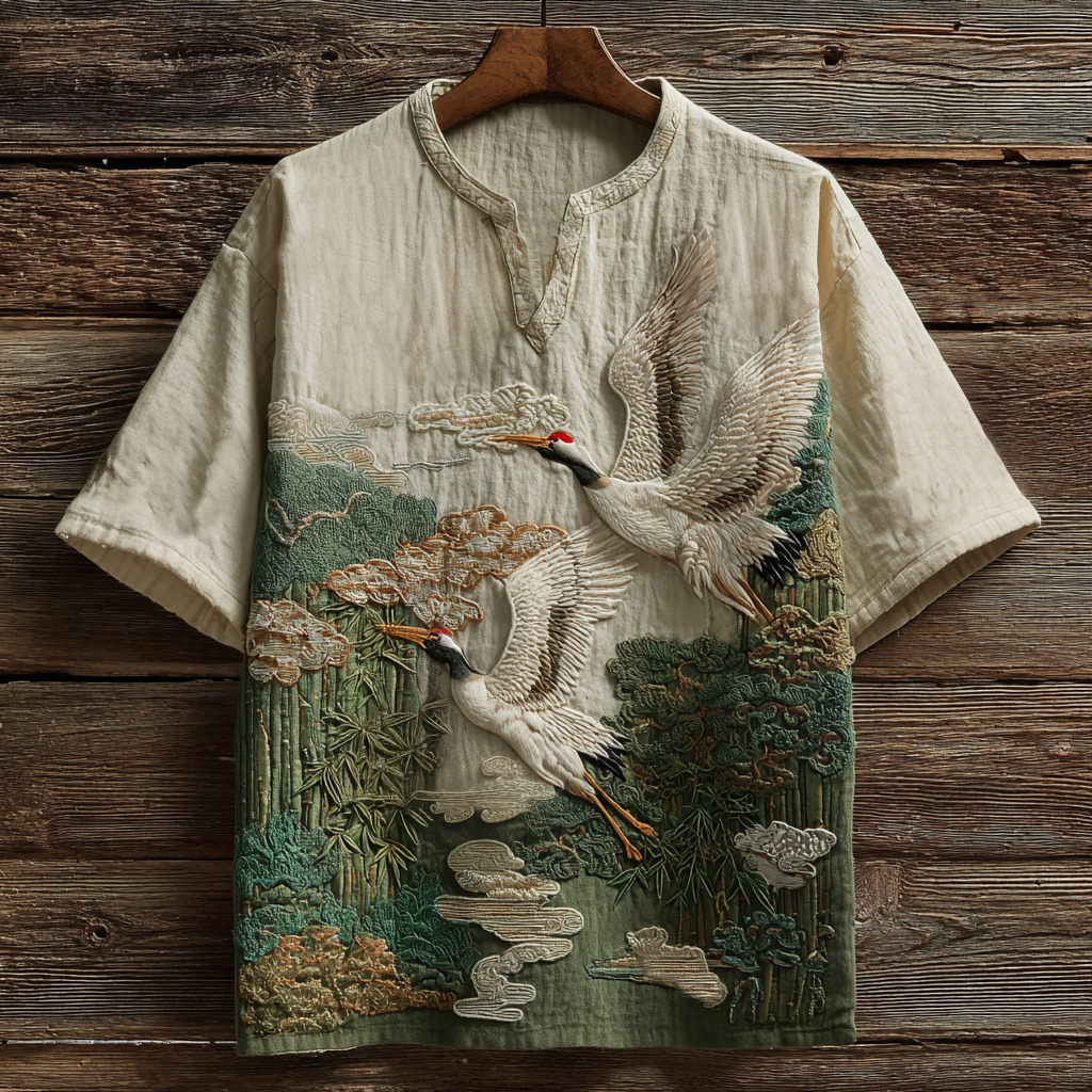 Men's Vintage Cranes And Bamboo Japanese Art Embroidery Casual Shirt - Green beige