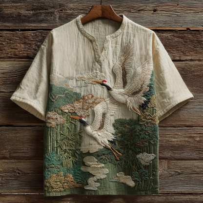Men's Vintage Cranes And Bamboo Japanese Art Embroidery Casual Shirt - Green beige