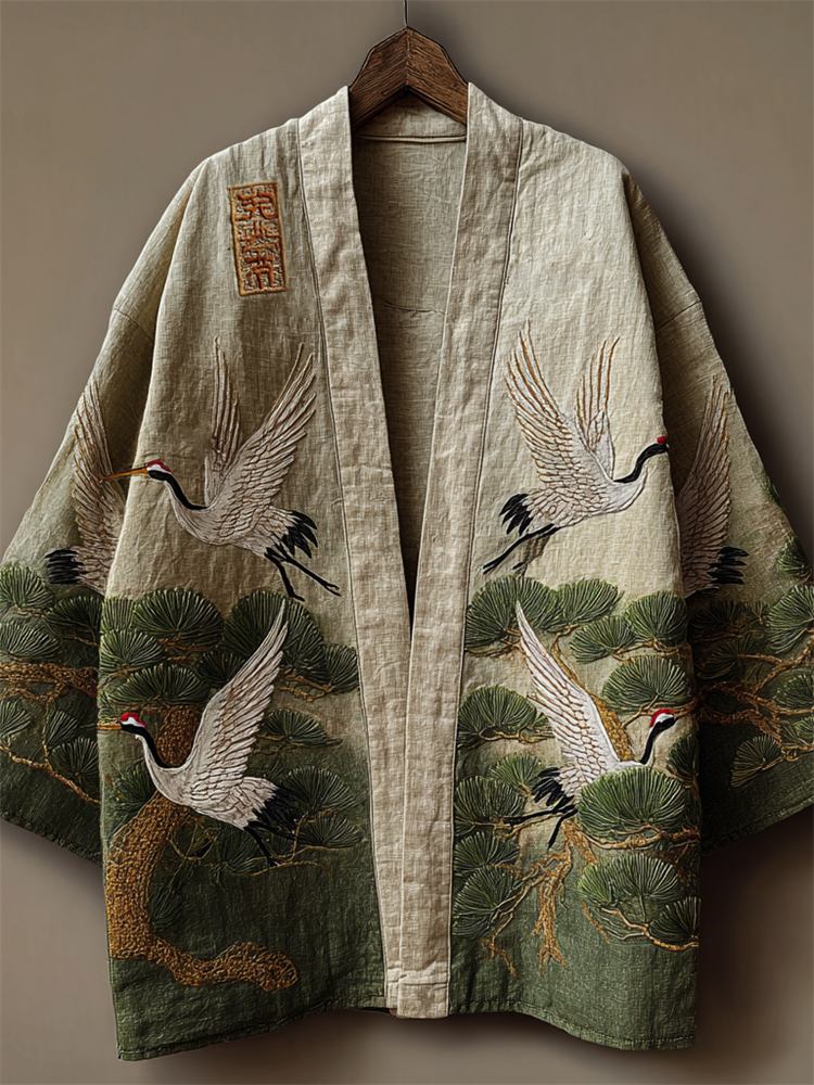 Japanese Cranes & Pine Trees Embroidered Linen Kimono Cardigan - Gray beige