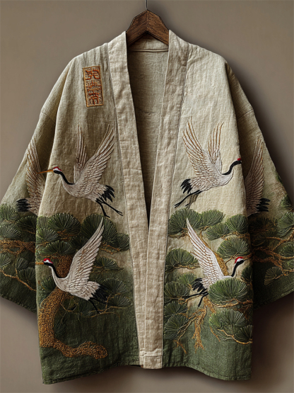 Japanese Cranes & Pine Trees Embroidered Linen Kimono Cardigan - Gray beige