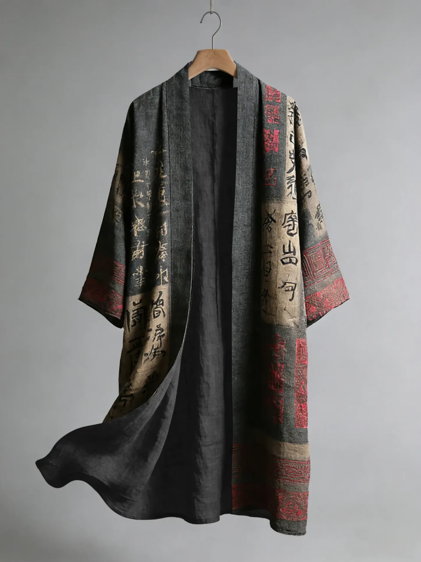 Calligraphy Art Pattern Casual Long Kimono Cardigan - Black