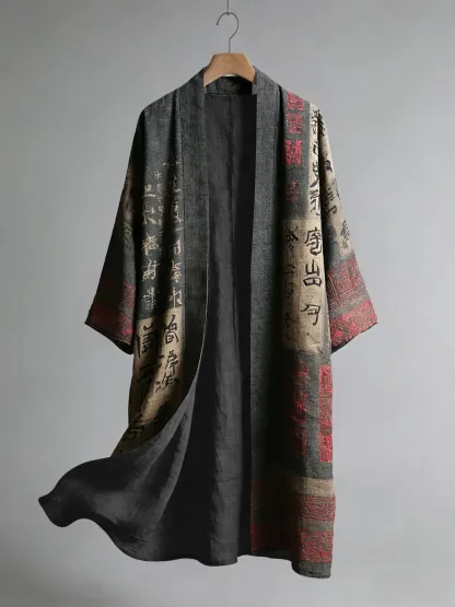 Calligraphy Art Pattern Casual Long Kimono Cardigan - Black