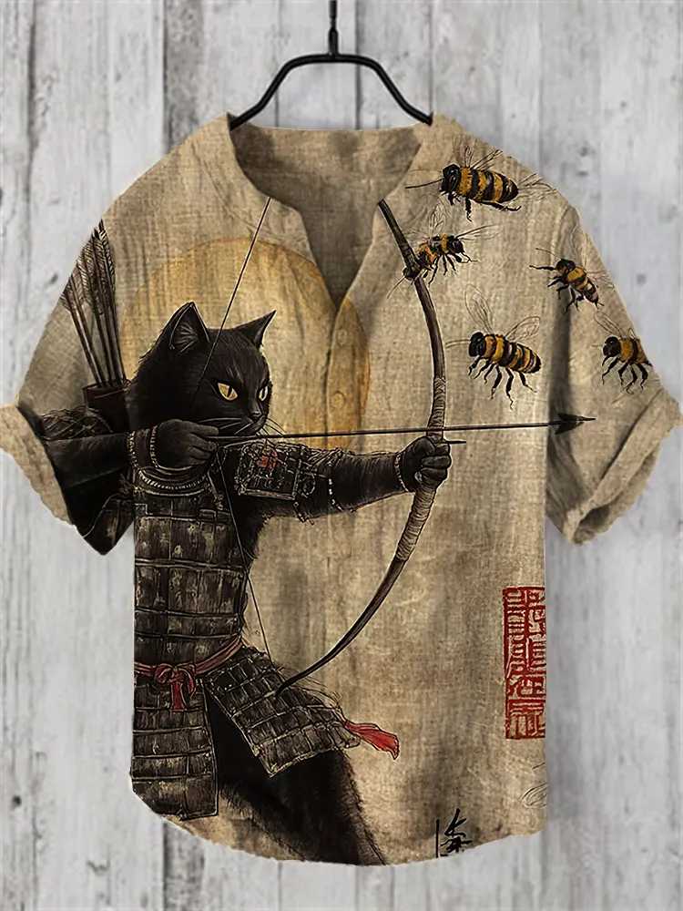 Men's Black Cat Tribal Warrior Japanese Kyudo V Neck Short Sleeve Shirt - Khaki
