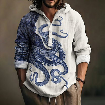 Japanese Art Octopus Graphic Printed Linen Blend Hoodie - Beige